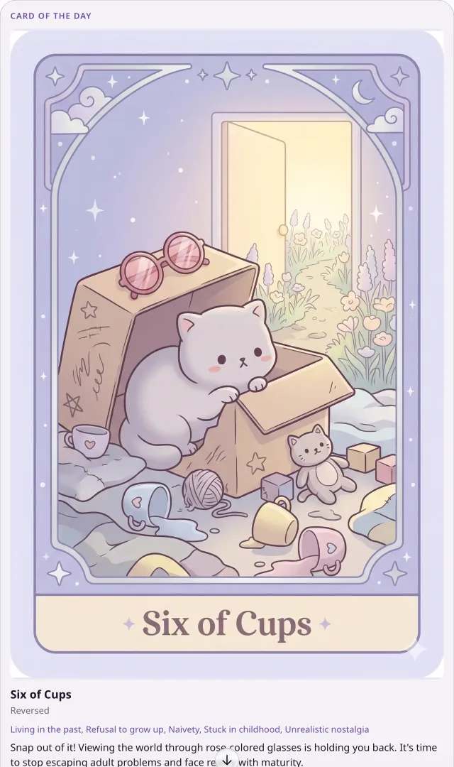 MeowTarot running inside ChatGPT: a card dealt as cat deck artwork, with its keywords and a short reading beneath it.