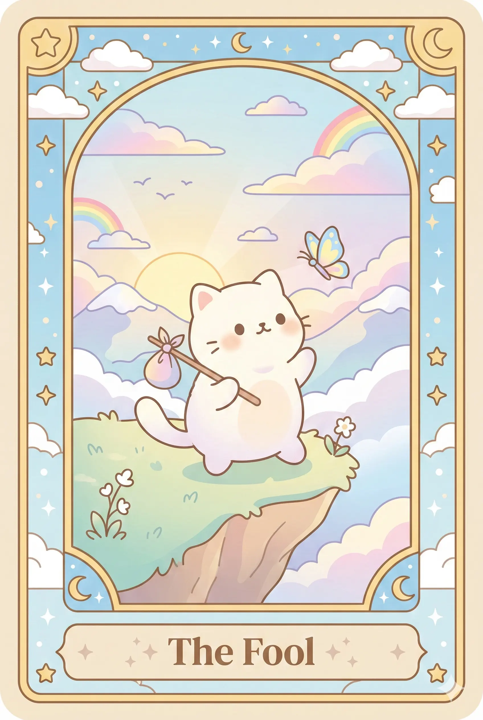 A fluffy white kitten standing at the edge of a cliff, gazing at a butterfly, with a small knapsack on a stick, symbolizing innocent adventure.