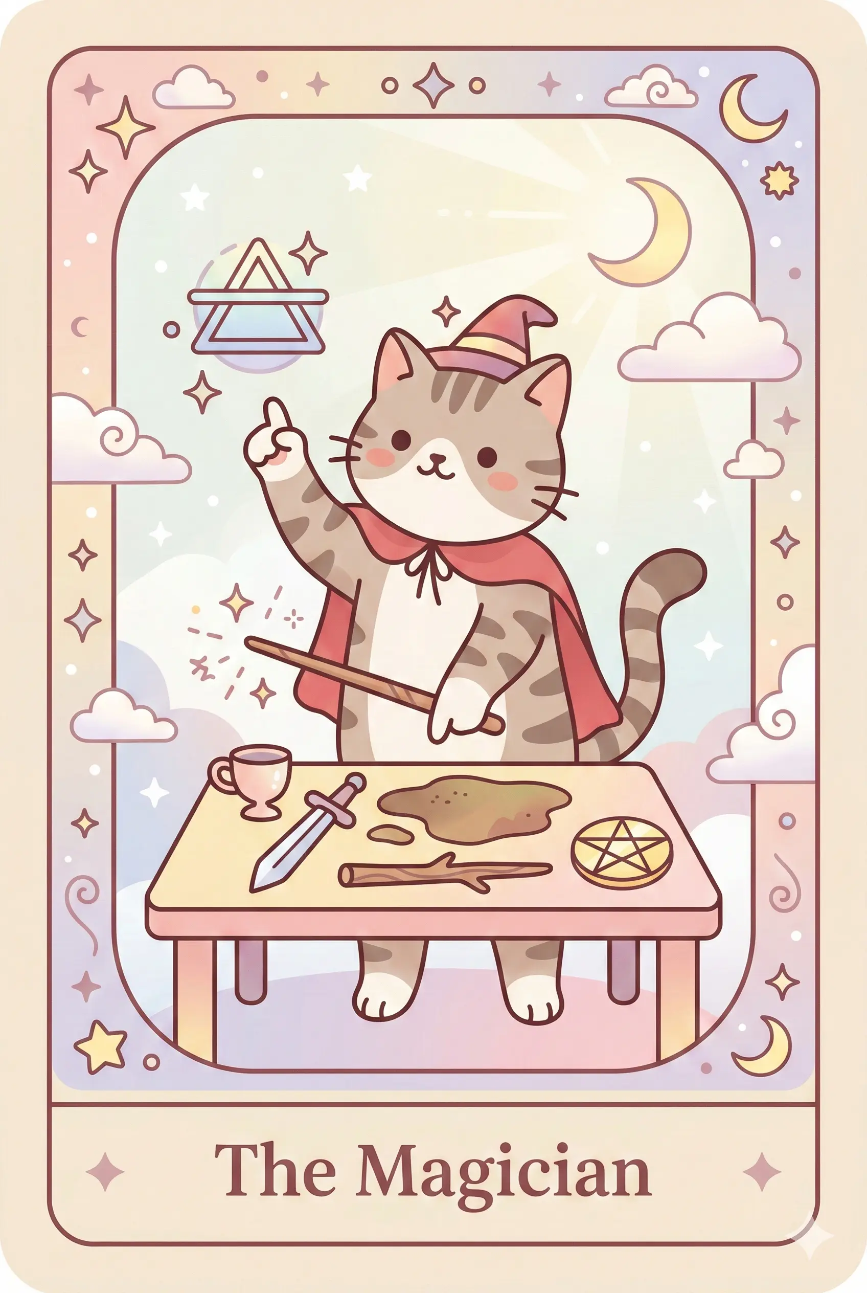A confident tabby cat standing on hind legs behind a table with magical tools: a cup, a sword, a wand, and a pentacle. One paw points to the sky, the other to the ground.