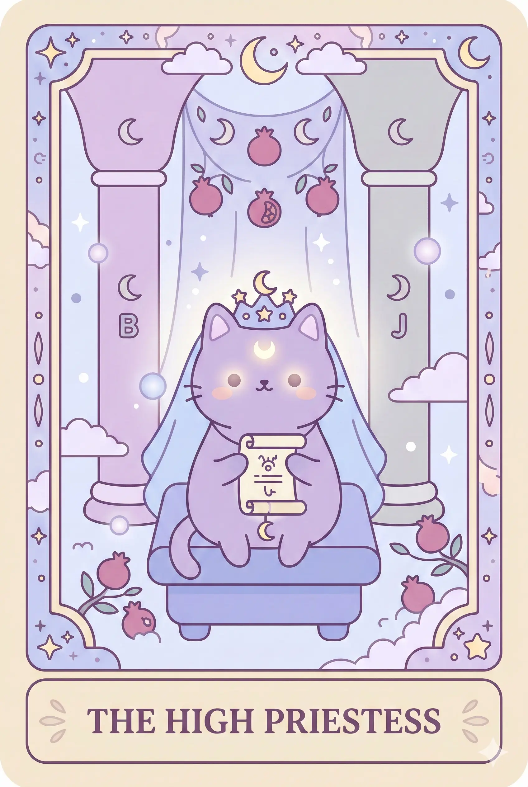 A mystical black cat with glowing eyes sitting calmly between two ancient pillars, wearing a moon crown and a veil, with pomegranates in the background.