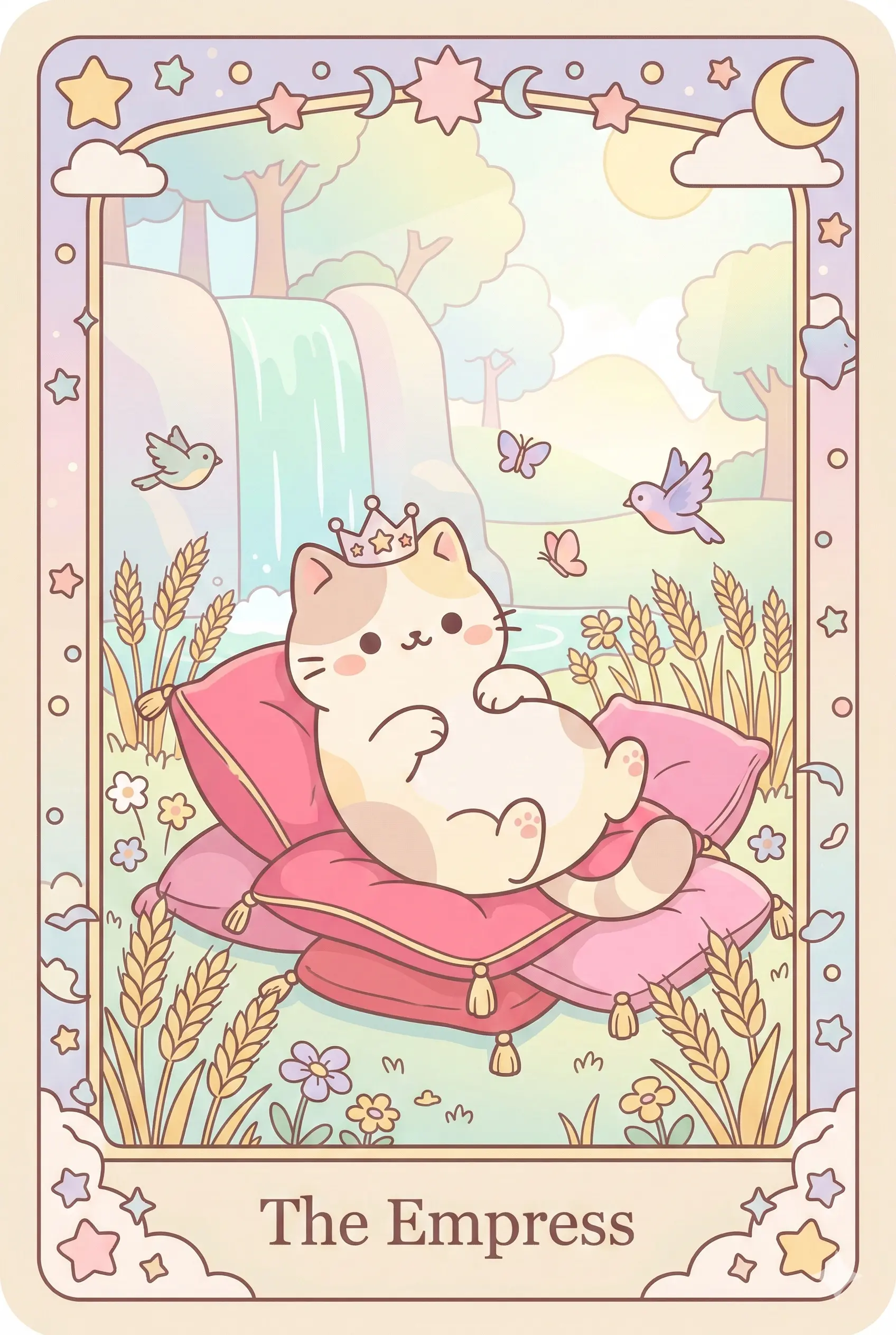 A luxurious Persian cat lounging on red velvet cushions in a sunlit garden, wearing a crown of stars, surrounded by wheat and waterfalls.