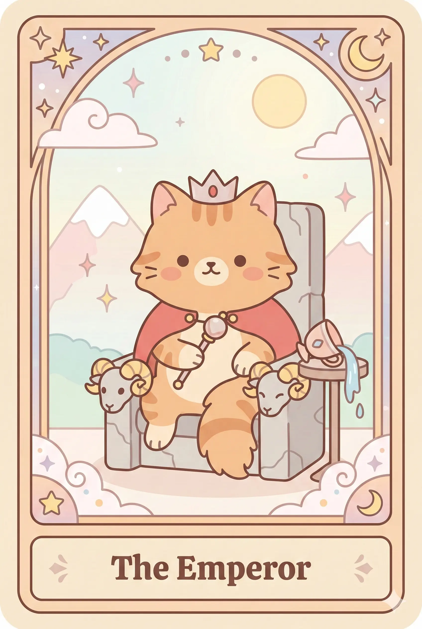 A stern-looking Maine Coon cat sitting on a stone throne adorned with ram heads, wearing a red cape and holding a scepter, with mountains in the background.