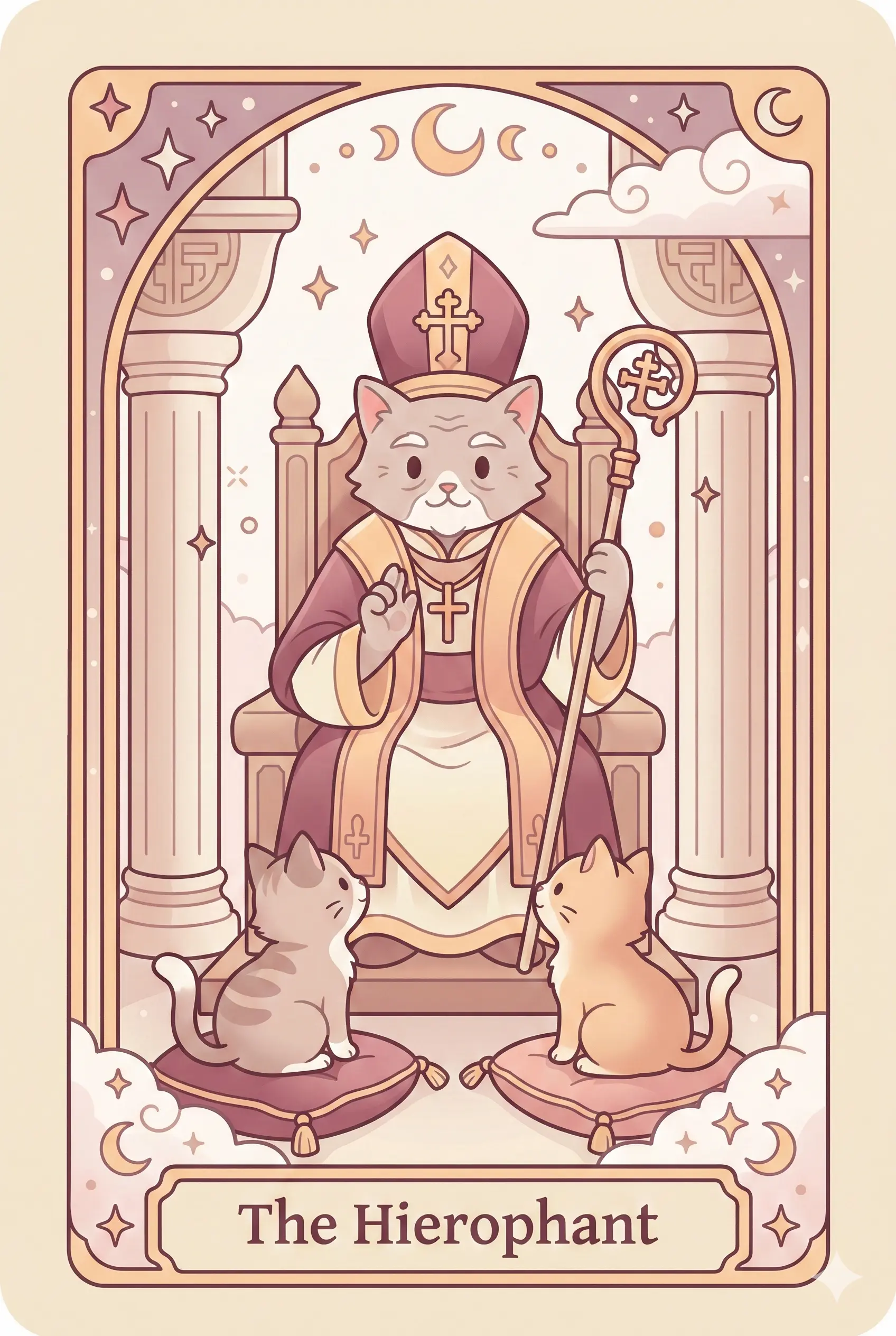 A wise, elderly cat wearing papal robes and a tall crown, sitting on a throne between two pillars, with two smaller kittens kneeling before it seeking guidance.