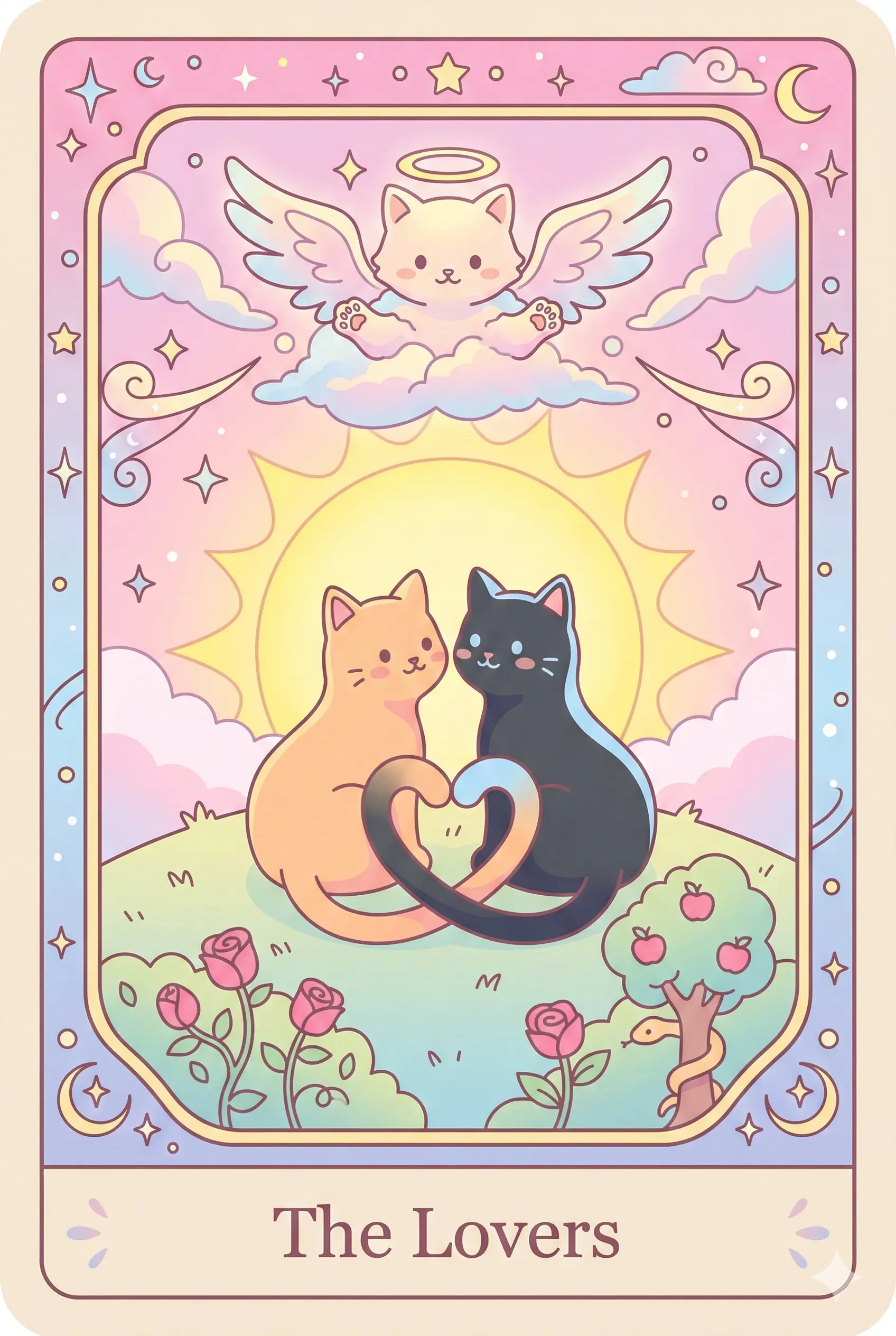 Two affectionate cats, one orange and one black, sitting with tails intertwined under a radiant sun with a benevolent cat-angel spirit floating above.
