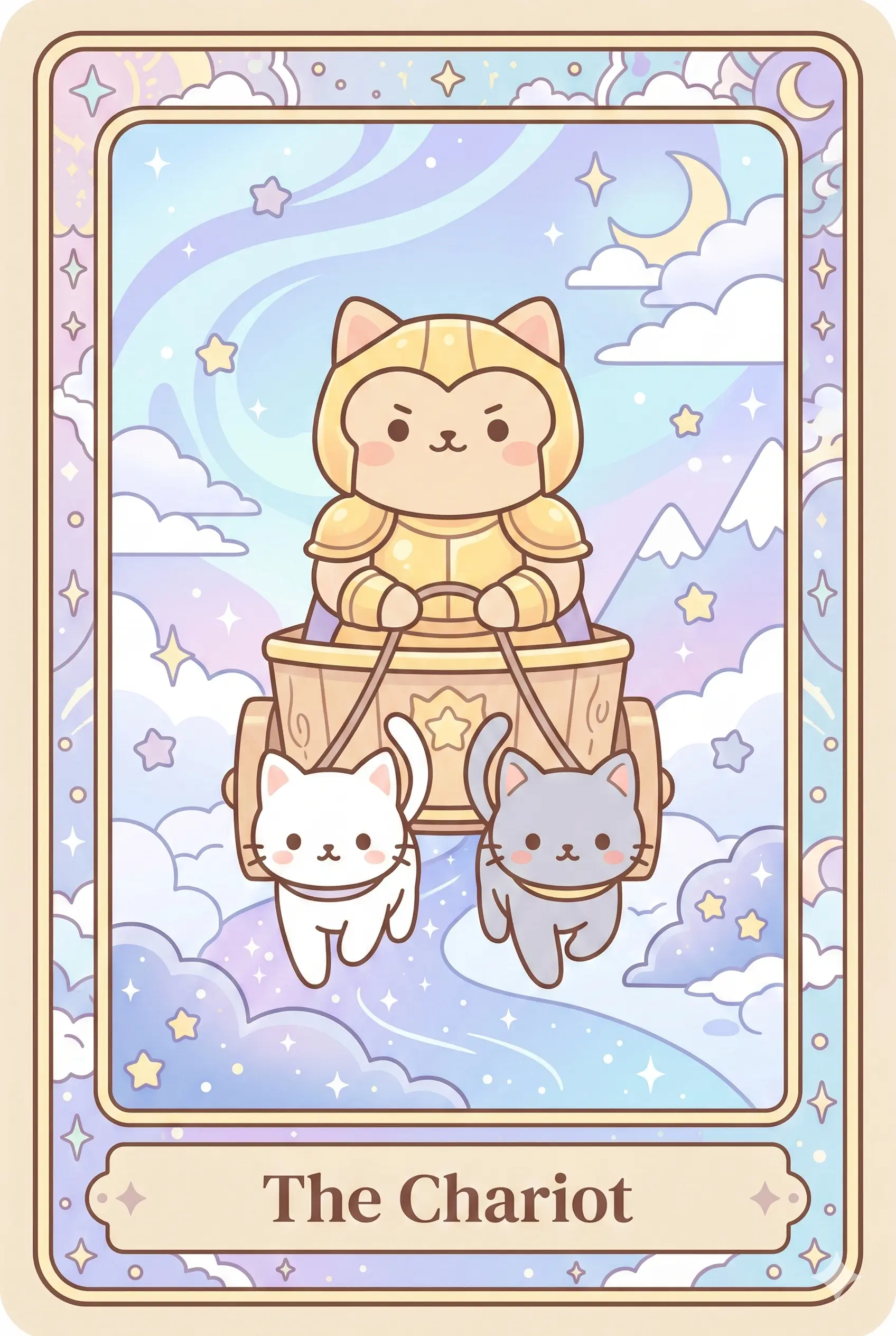 A determined cat warrior in golden armor riding a chariot pulled by two sphinx-like kittens, one black and one white, moving swiftly through a starry path.