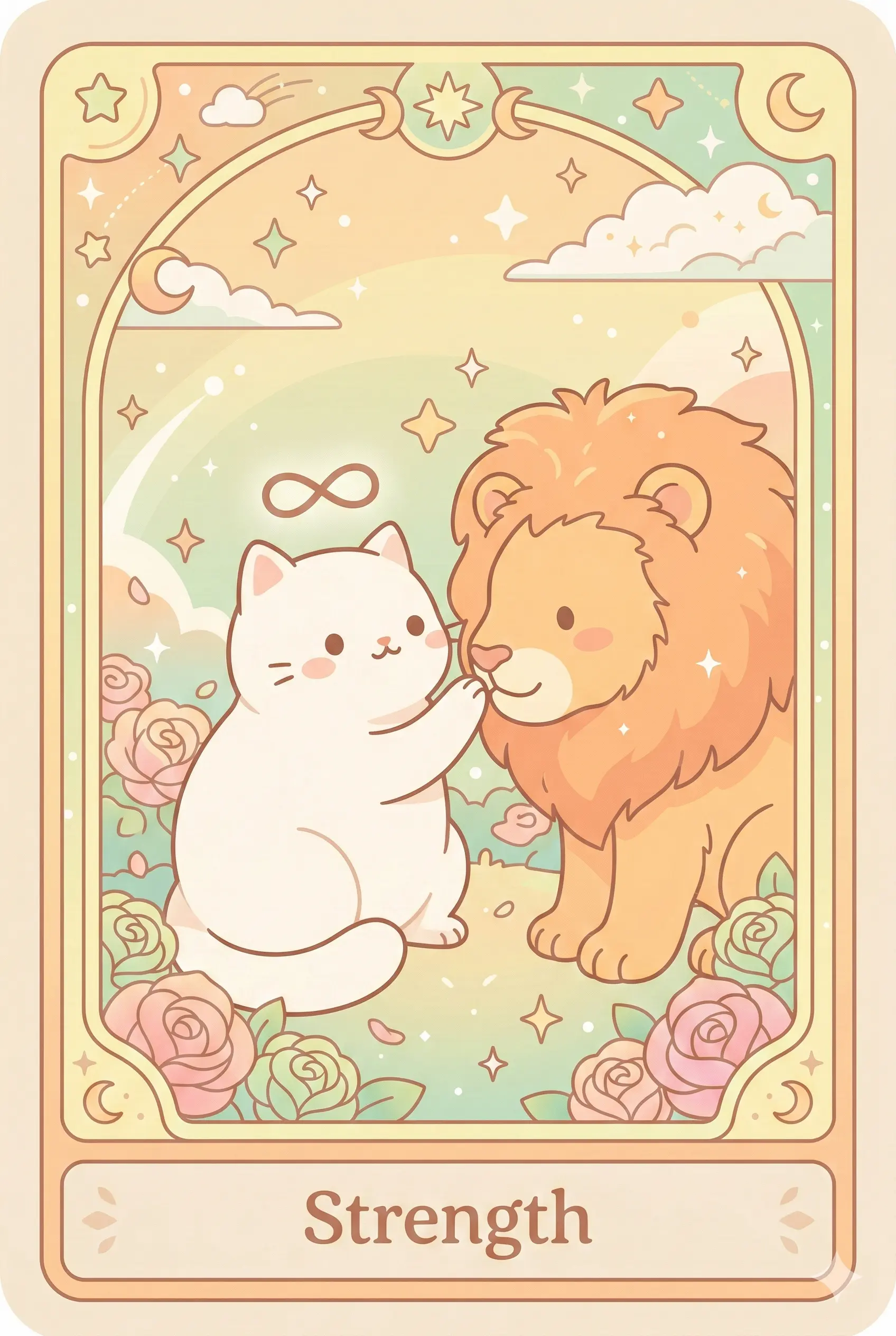 A small, elegant white cat gently touching the nose of a large, ferocious lion with its paw, surrounded by blooming roses and an infinity symbol overhead.