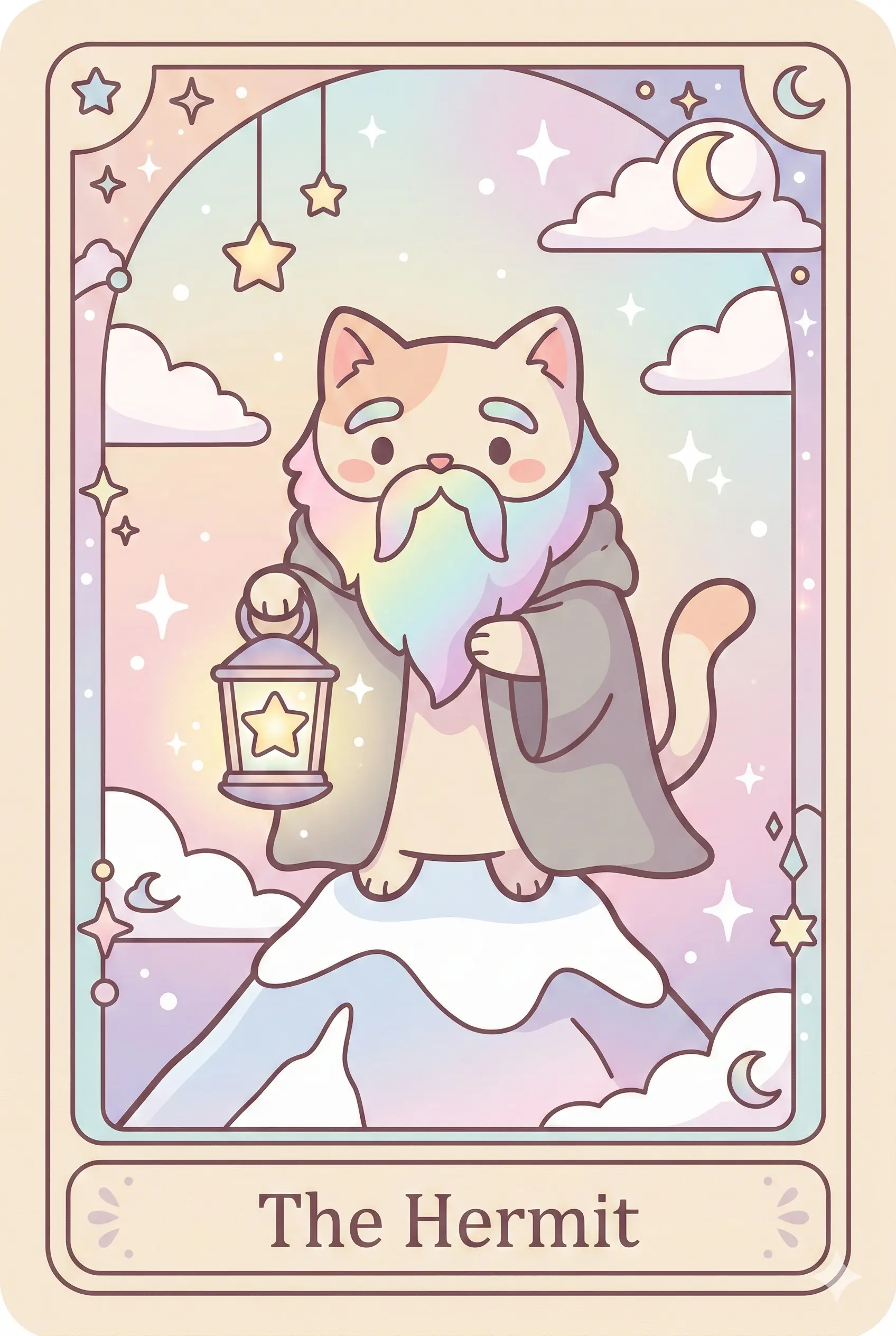 An elderly, wise cat with a long beard wearing a grey cloak, standing on a snowy peak holding a lantern with a glowing star inside.
