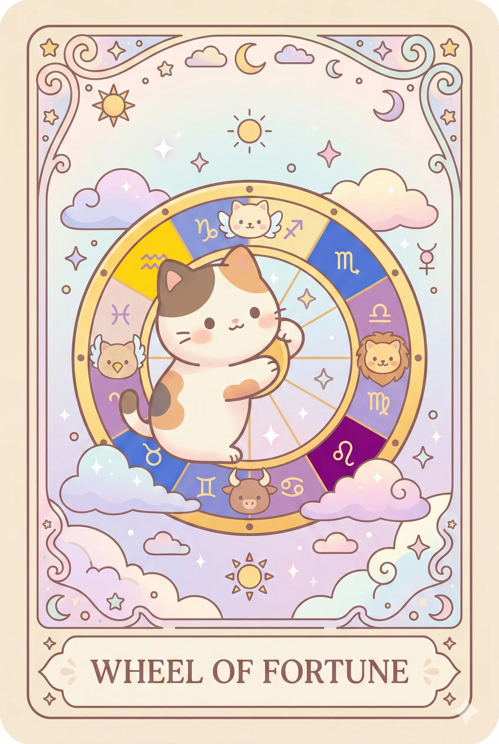 A calico cat (lucky cat) playfully spinning a large, golden zodiac wheel with its paw, surrounded by floating clouds and mystical symbols.