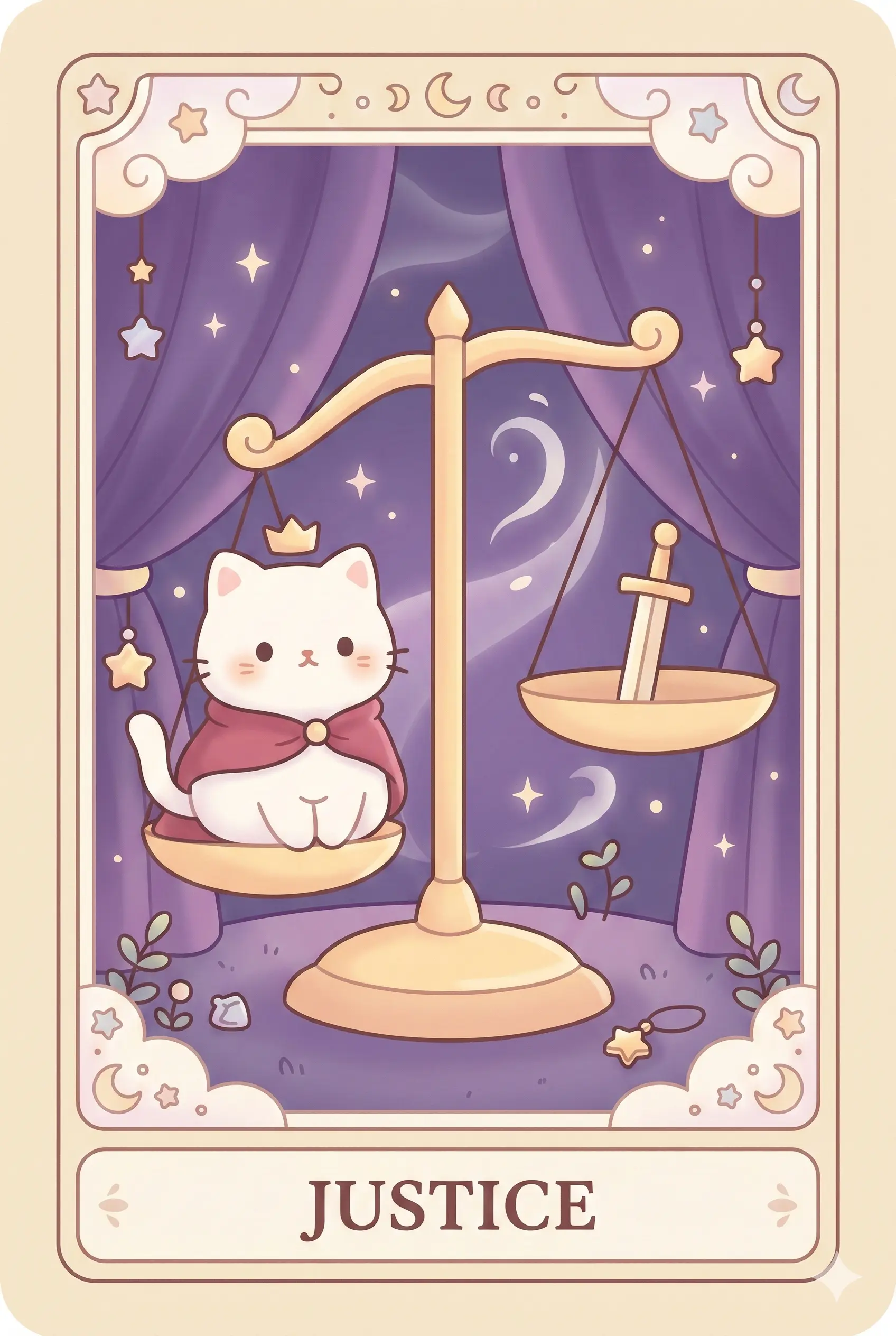 A white cat wearing a crimson cloak sits calmly in one pan of a large golden balance scale, with an upright golden sword resting in the opposite pan, against deep purple drapery.
