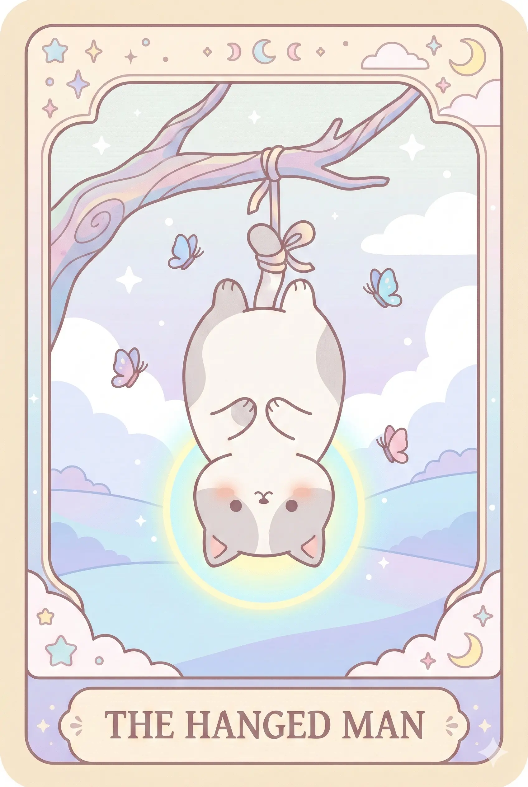 A calm cat hanging upside down by one paw from a tree branch, surrounded by a glowing halo, with butterflies floating around peacefully.