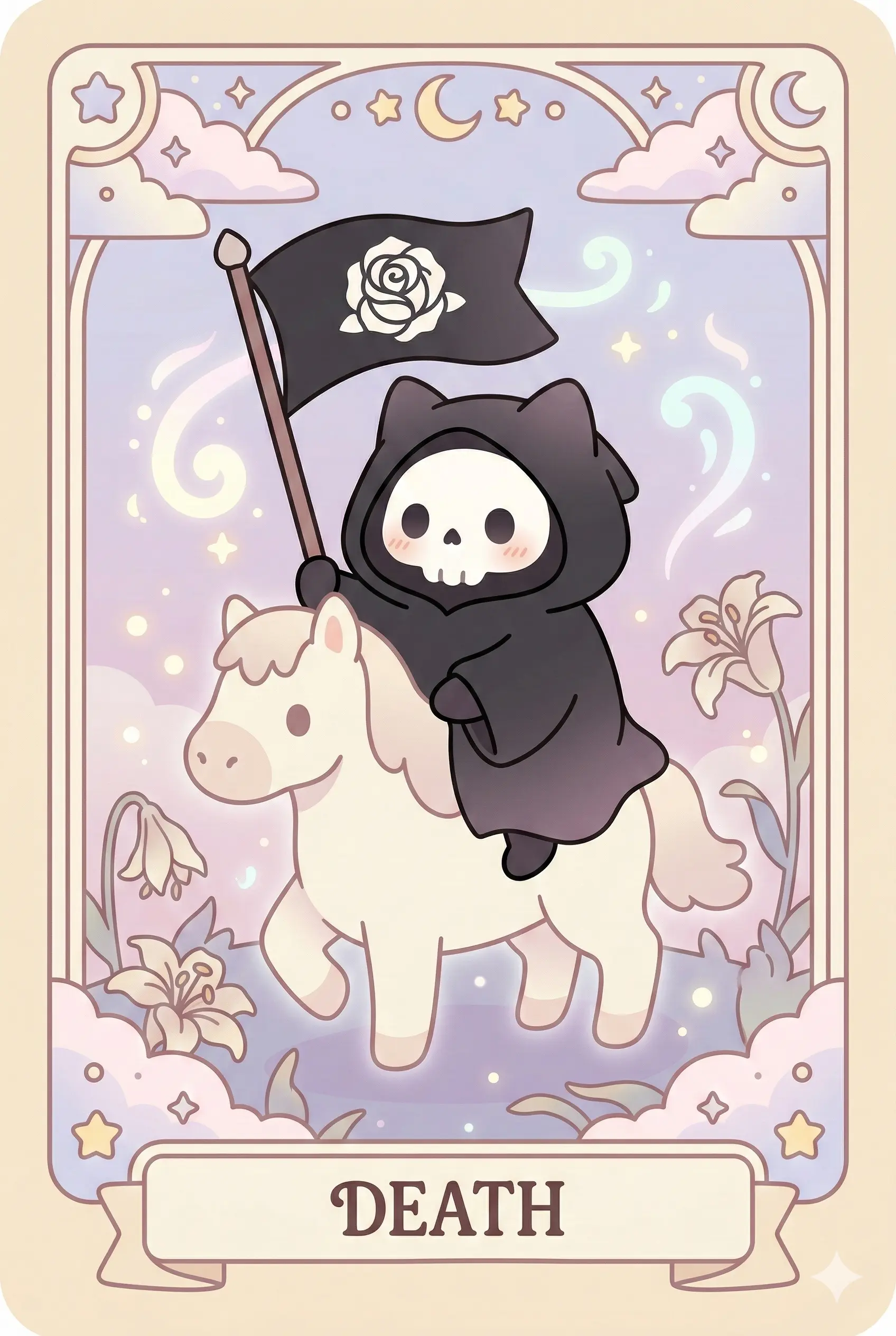 A hooded grim reaper cat with a bone-white skull face and glowing eyes rides a pale spectral horse, holding a black flag with a white rose emblem amid wilted lilies and spirit lights.