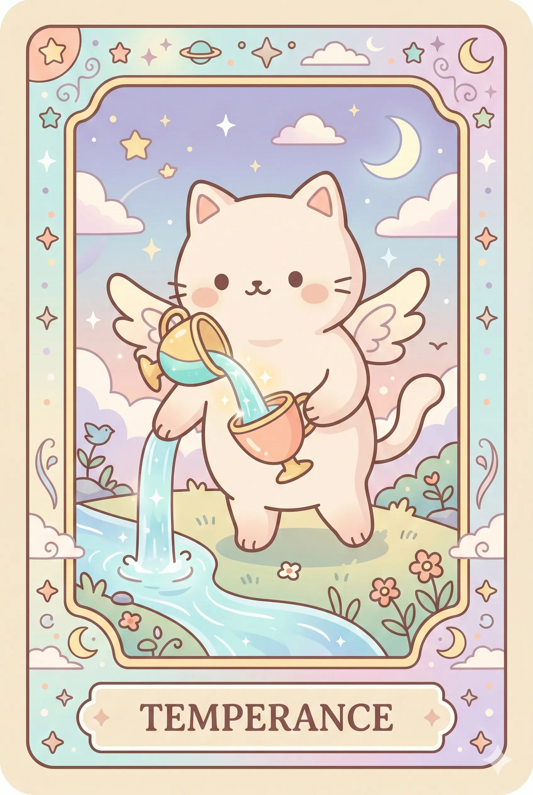 An angelic cat with wings standing with one paw in a stream and one on grass, pouring glowing water between two golden cups without spilling a drop.