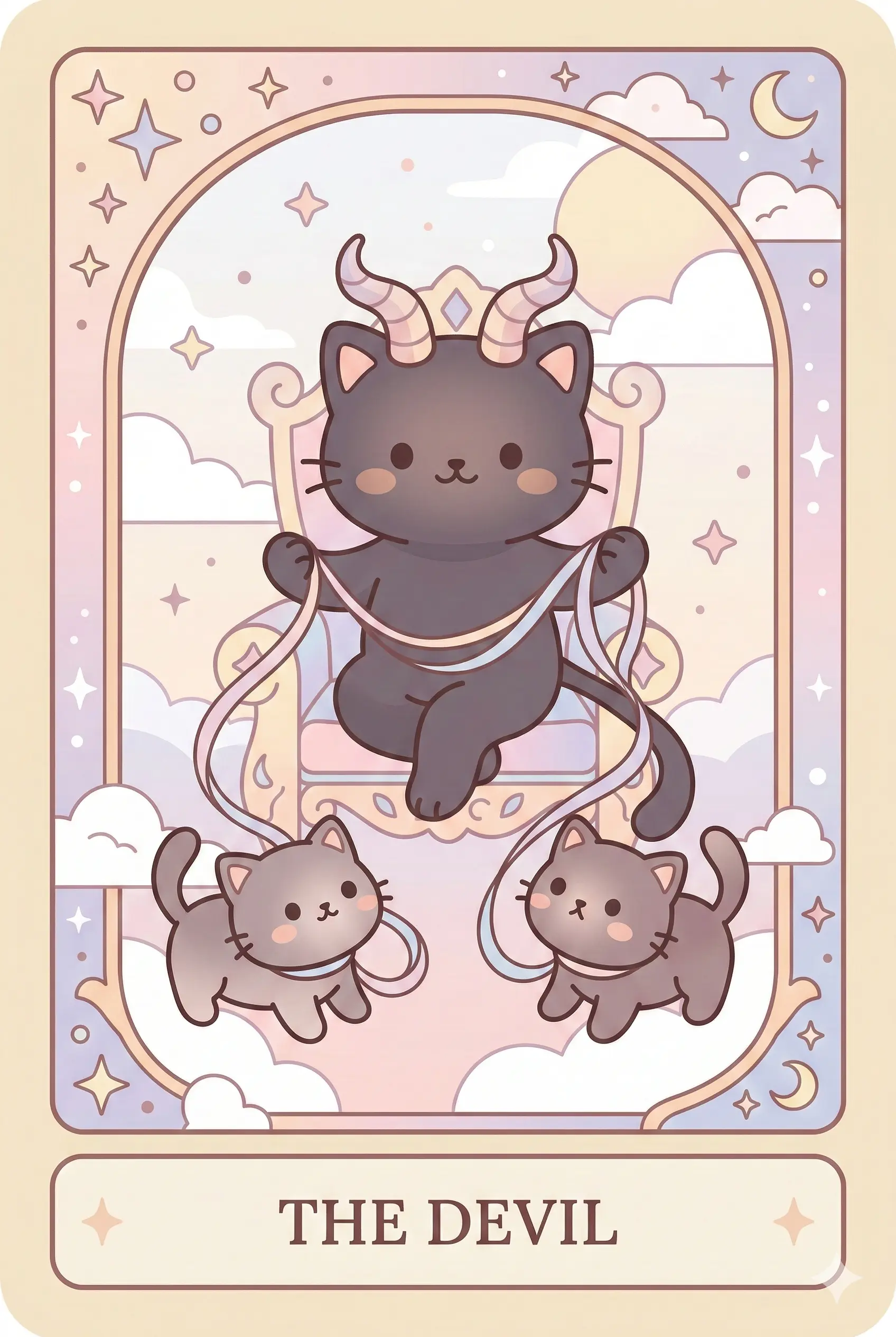 A charismatic black cat with curved horns sitting on a dark throne, holding loose ribbons attached to two smaller, mesmerized kittens.