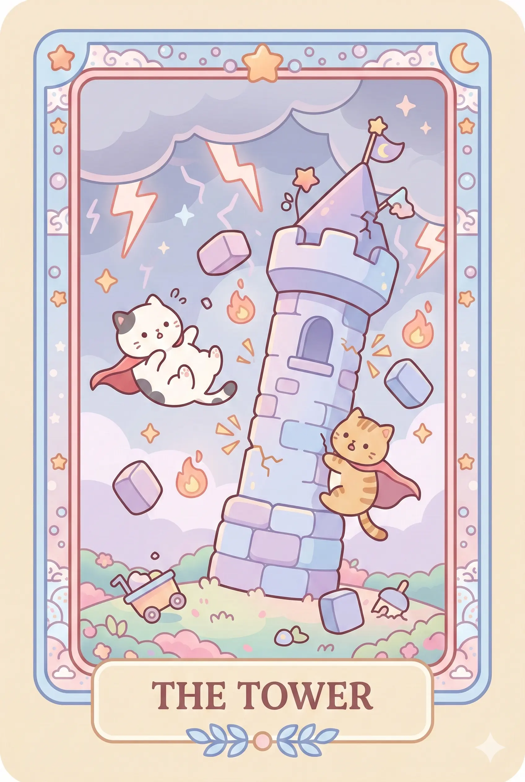 Two frightened cats flee as a tall dark tower is struck by lightning, one cat close in the foreground and a second smaller cat falling from a shattered window under a stormy sky.