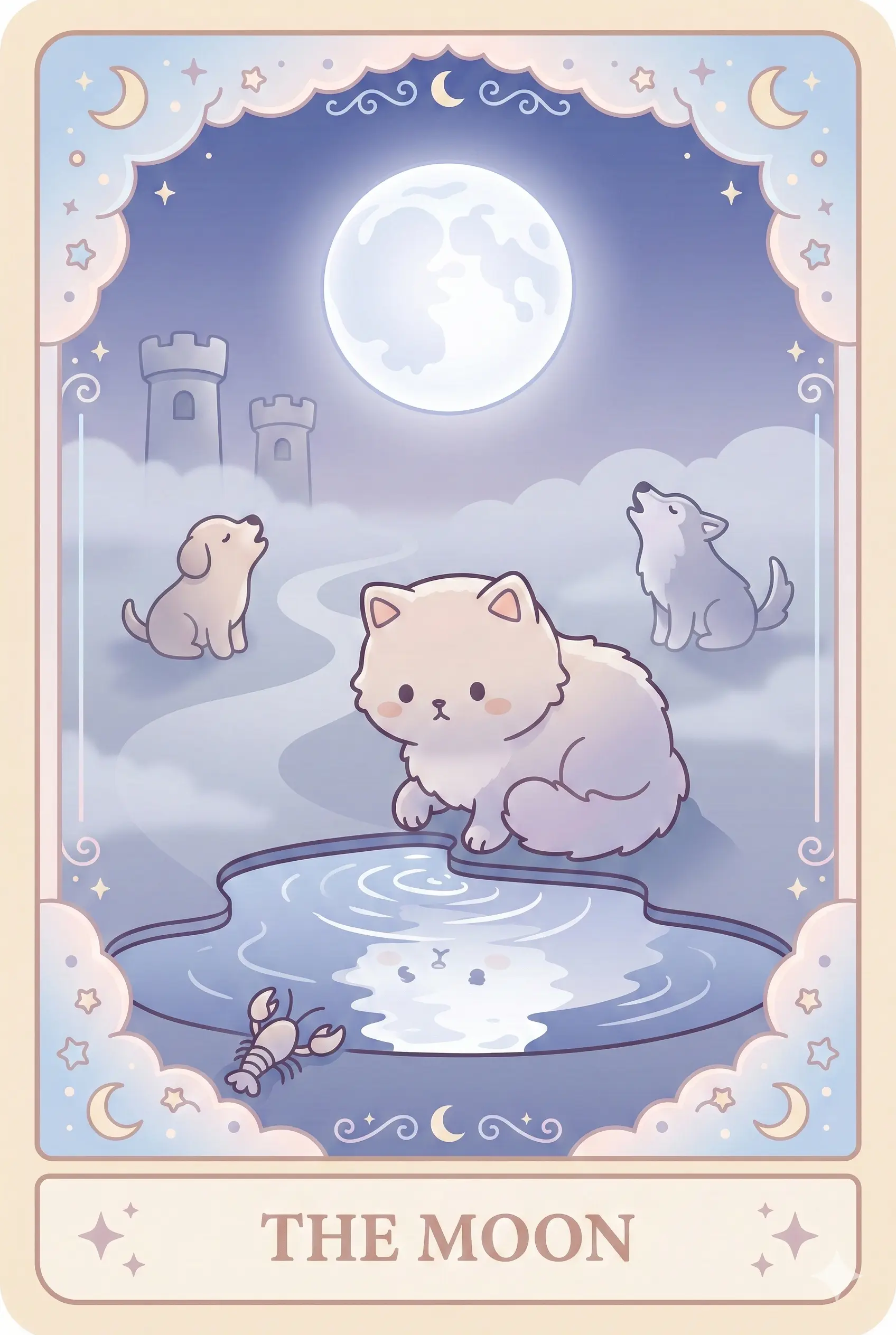 A mystical cat sitting by a pool reflecting a full moon, with a crayfish crawling out and a wolf and dog howling in the shadowy background.