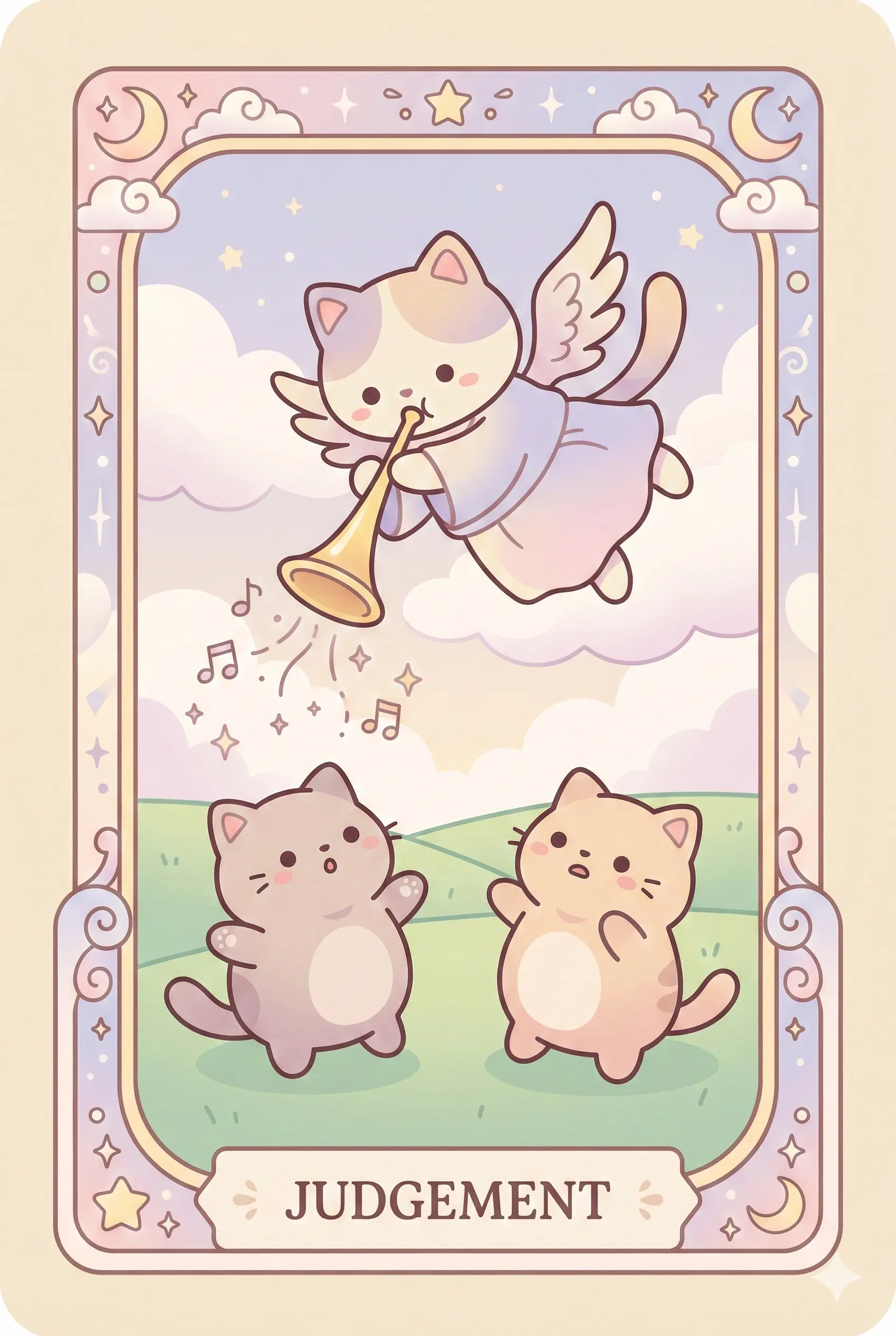 A celestial cat angel blowing a golden trumpet in the clouds, while cats below on green fields look up expectantly with joy.