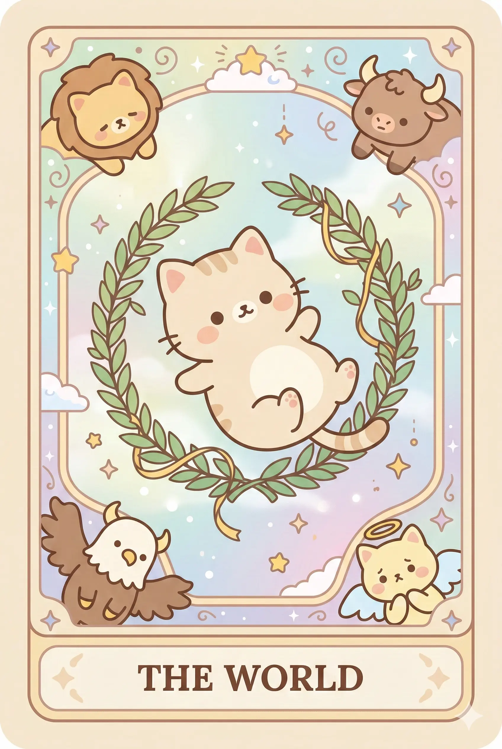 A graceful cat dancing inside a laurel wreath, surrounded by the heads of a lion, bull, eagle, and angel in the four corners.