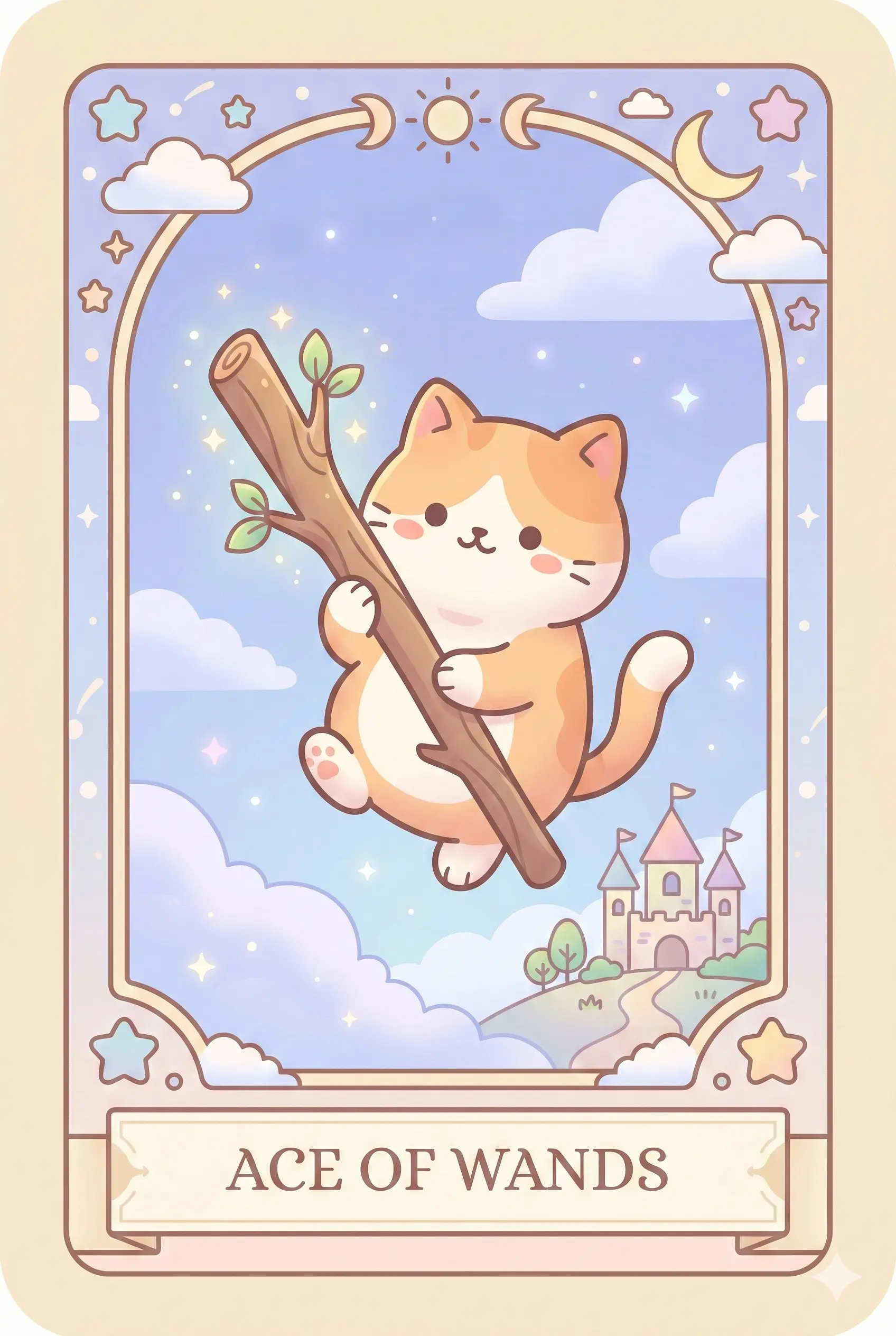 A spirited cat holding a large, sprouting wooden wand with glowing leaves, surrounded by falling sparks and a castle in the background.