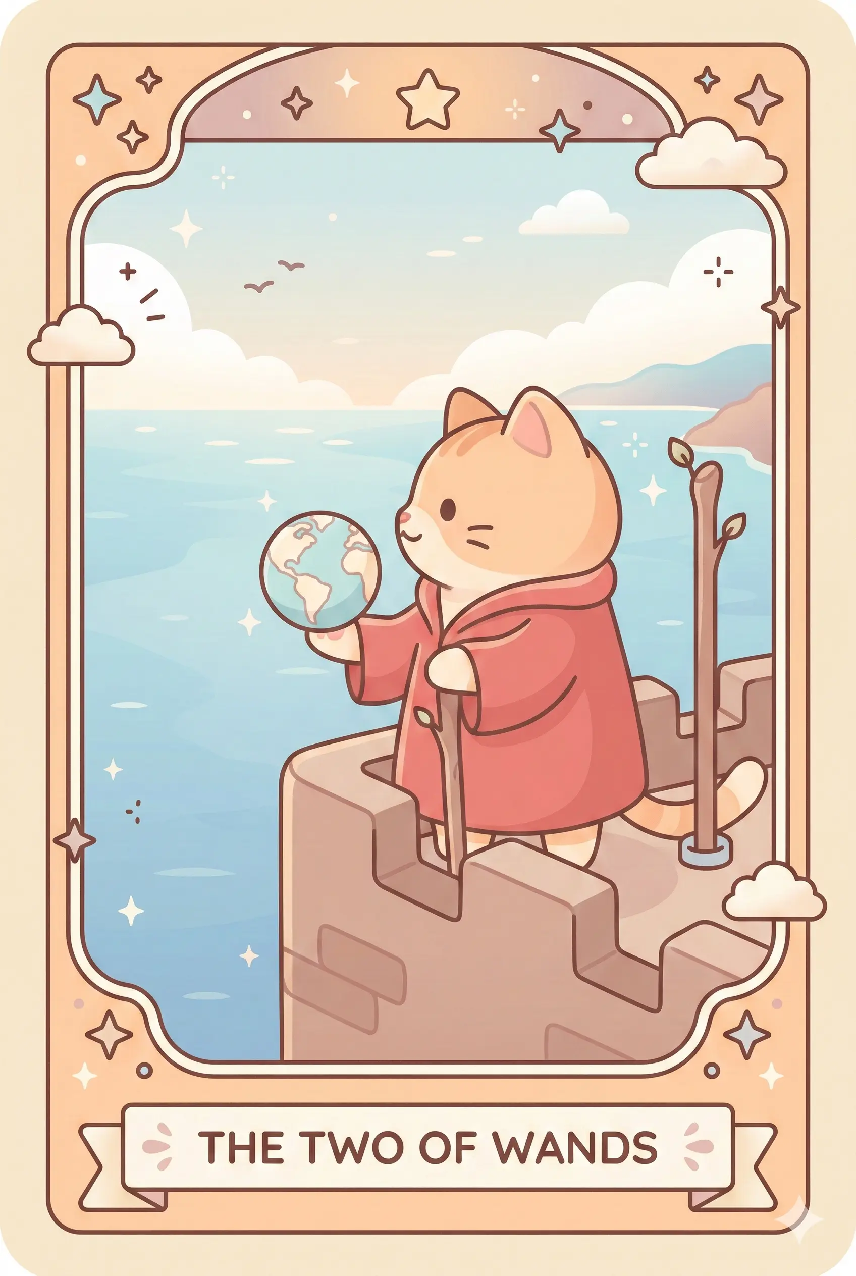 A noble cat wearing a red robe standing on a castle rampart, holding a small globe in one paw and looking out over a vast ocean.