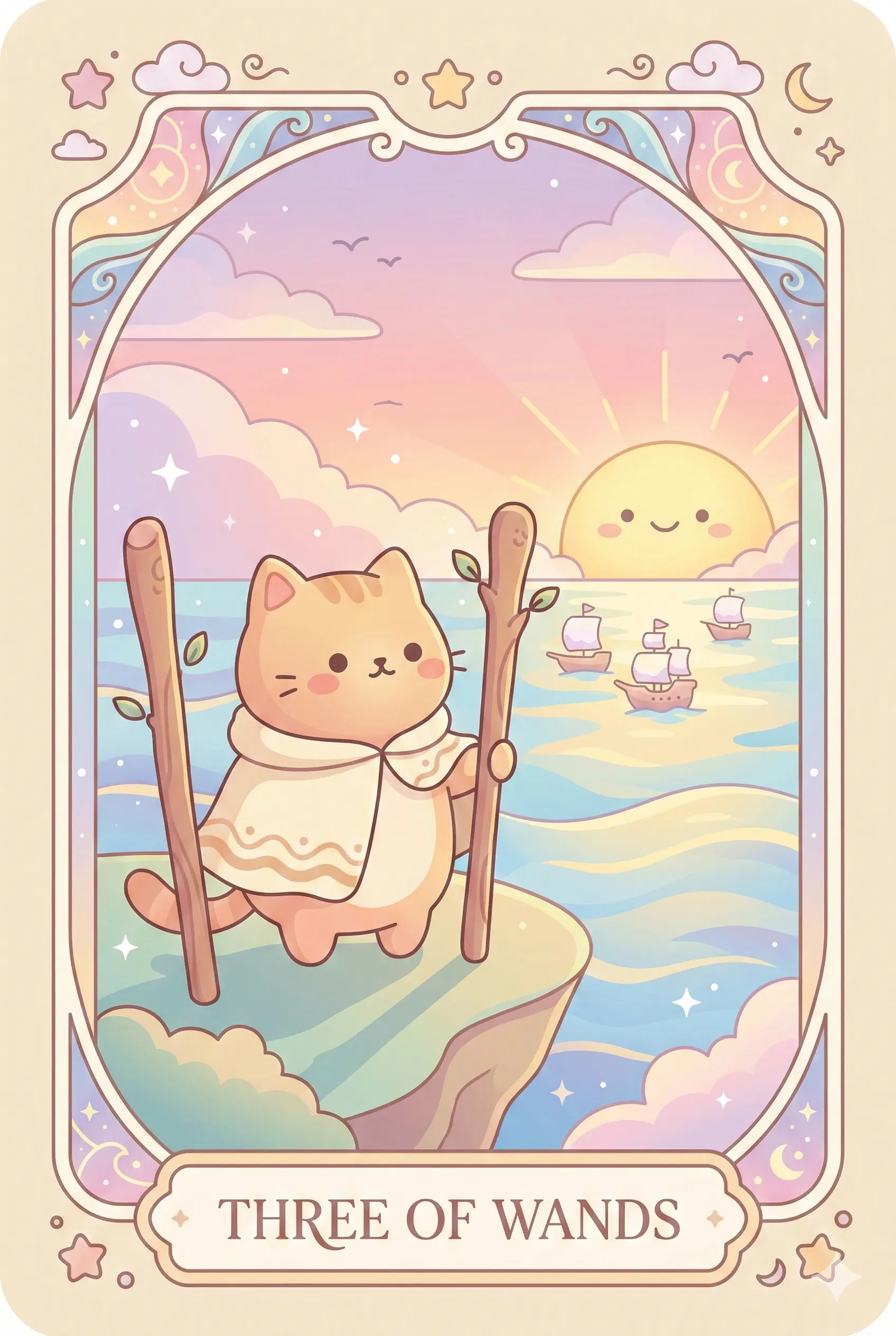 A cat merchant in elegant robes standing on a cliff edge, watching three ships sail across a golden sea at sunset, leaning on one of three wands.