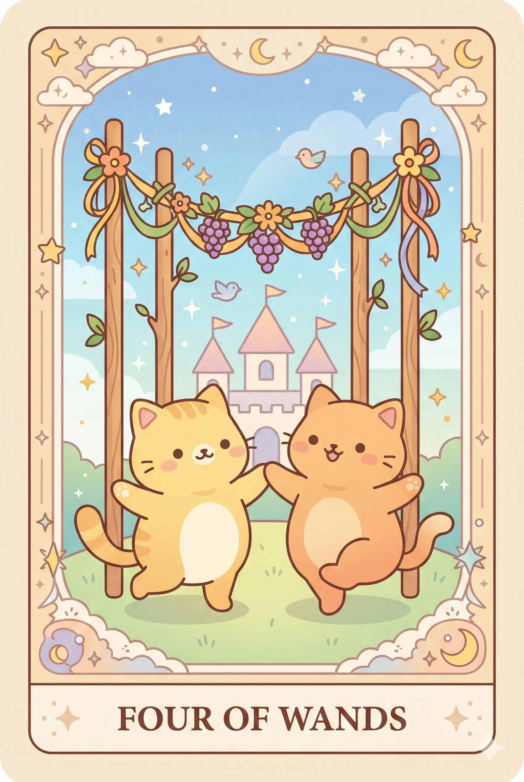 Two happy cats dancing under a canopy of four wooden wands adorned with garlands and grapes, with a castle in the background.