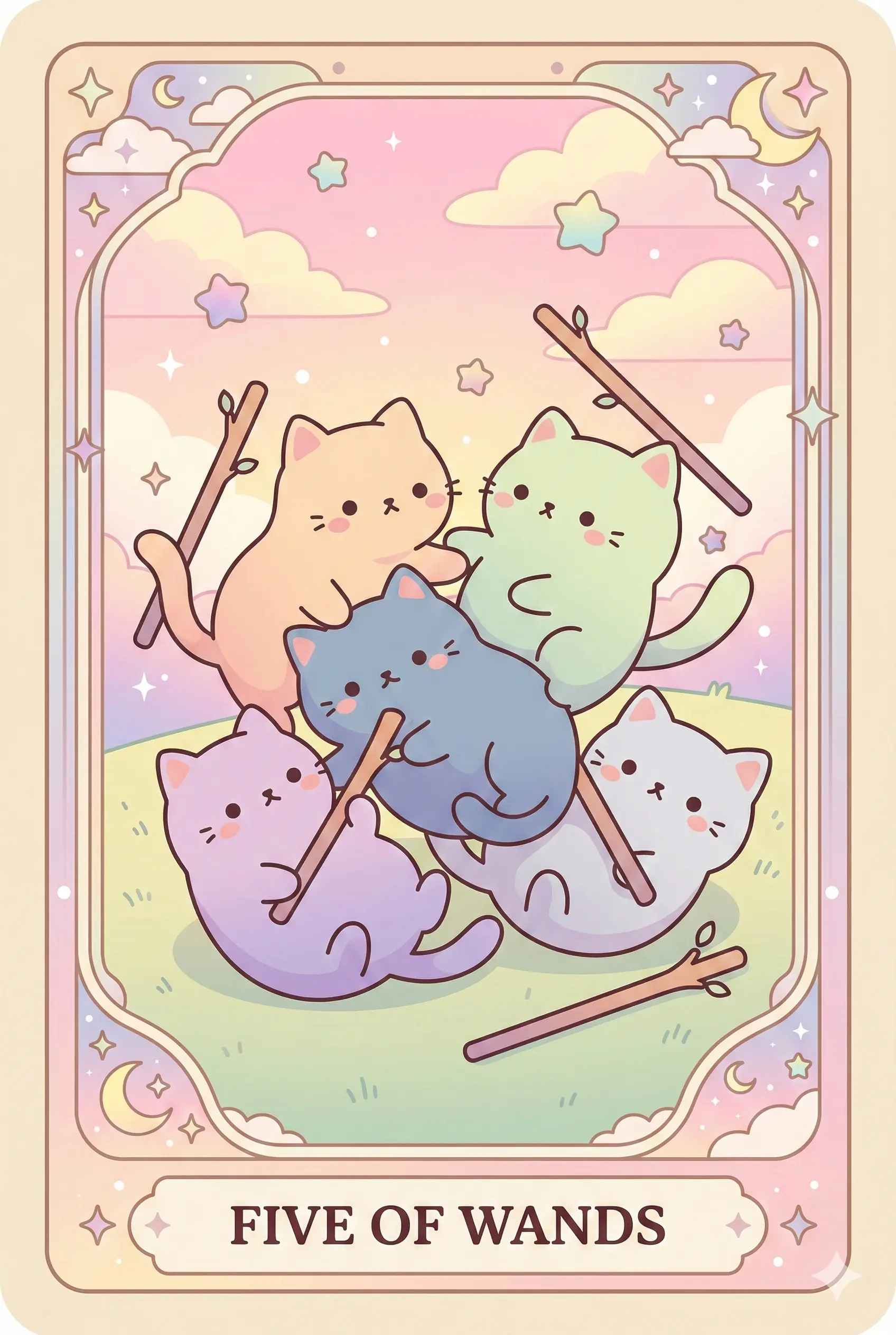 Five energetic cats of different breeds playfully fighting with wooden sticks in a grassy field, creating a chaotic but non-violent scene.