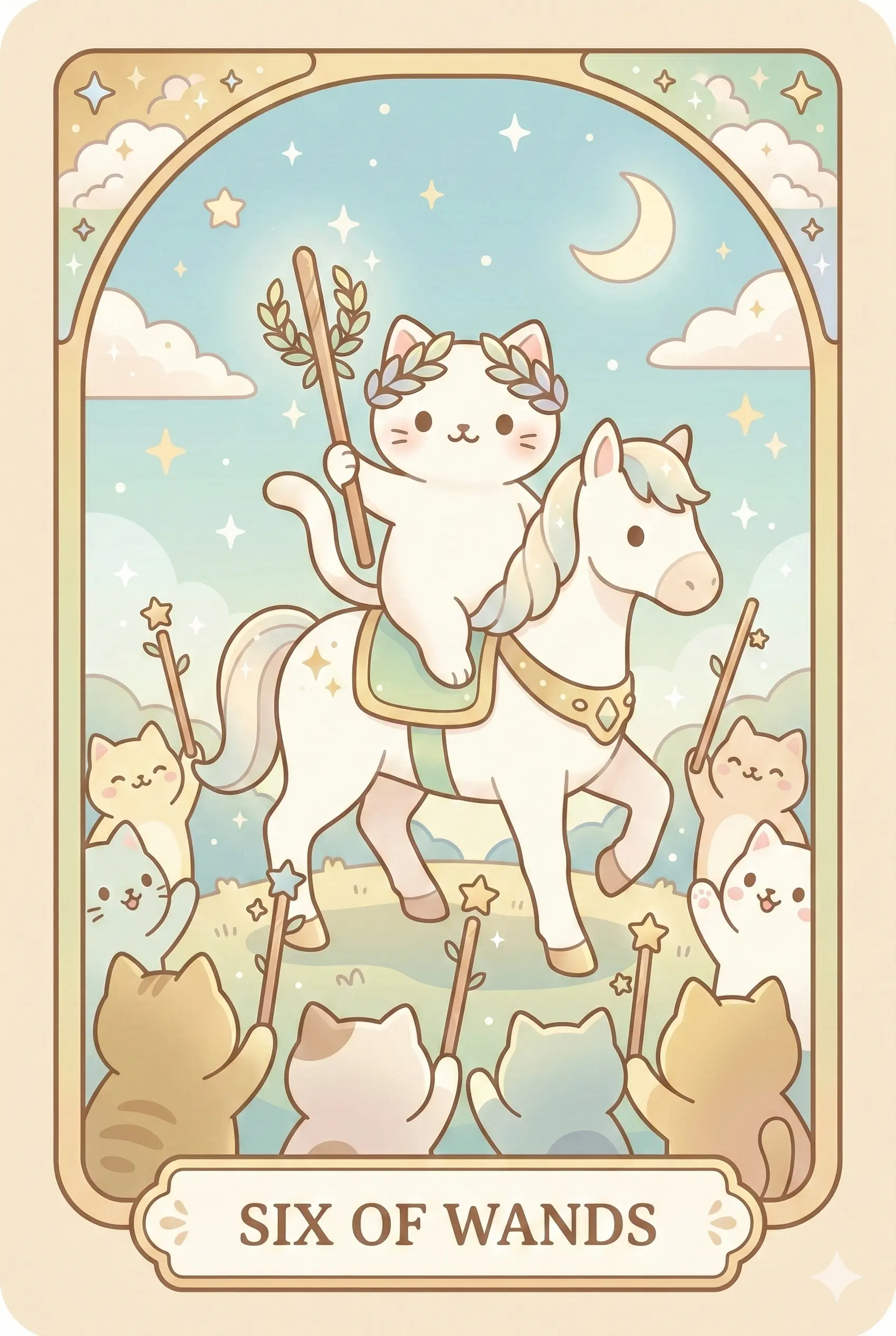 A triumphant cat wearing a laurel wreath rides a white horse through a cheering crowd of other cats, exactly six wooden wands raised high — one in the rider’s paw and five held by the crowd.