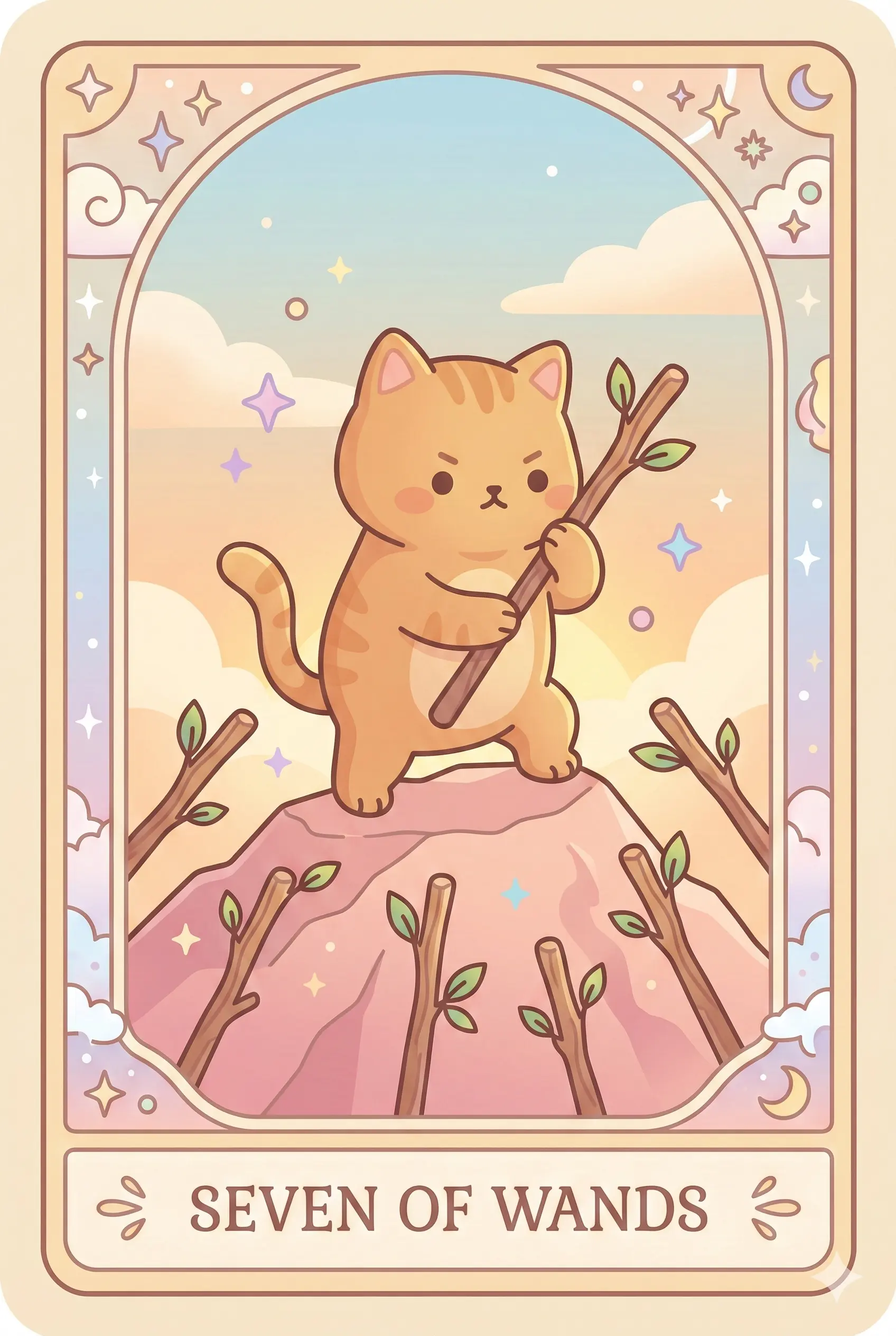 A brave ginger cat stands on a rocky hilltop at sunset, gripping one leafy wooden wand while six other wands jab upward from below as if unseen opponents are attacking.