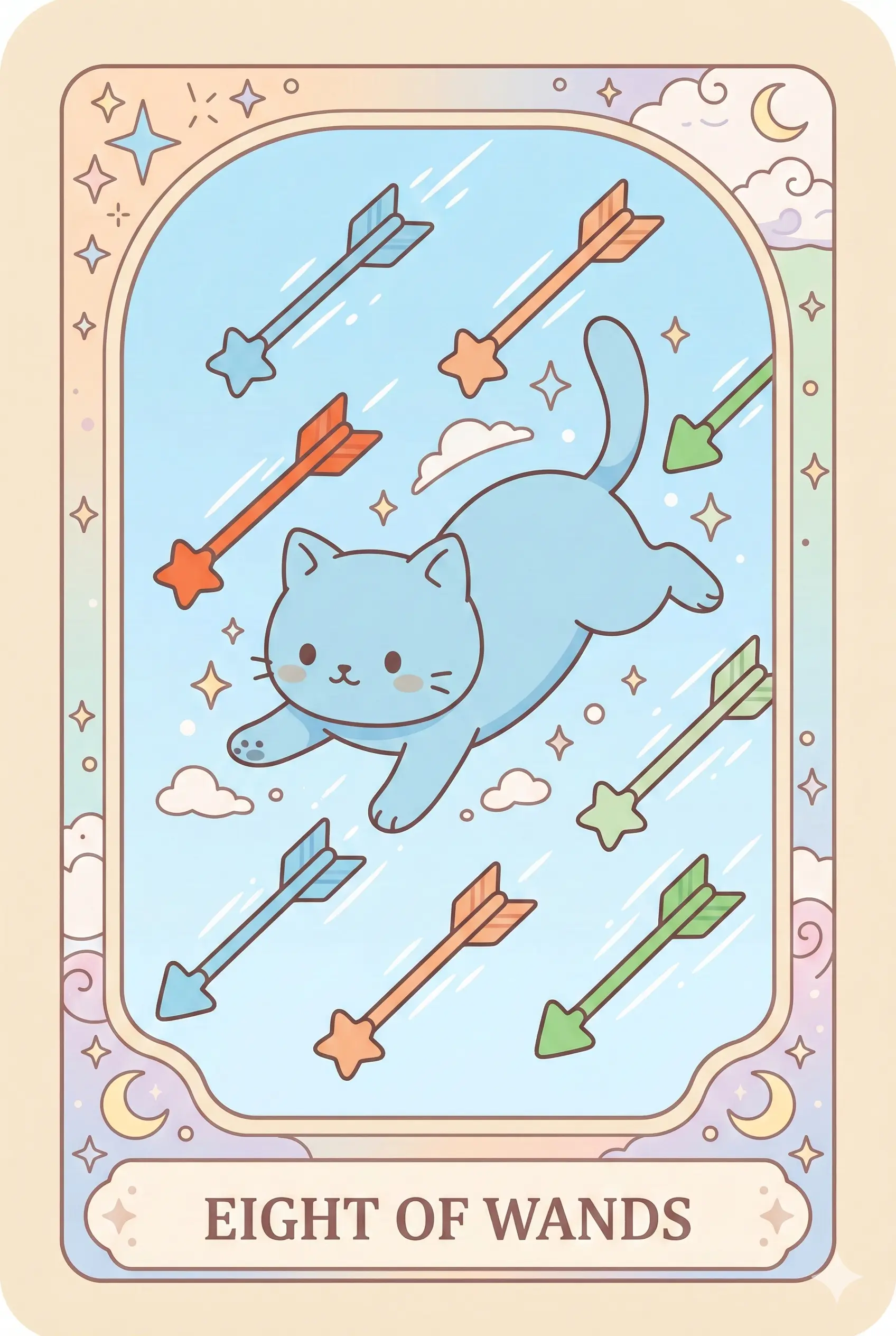 A sleek cat leaping gracefully through the air, surrounded by eight flying wands that look like arrows or shooting stars across a clear sky.
