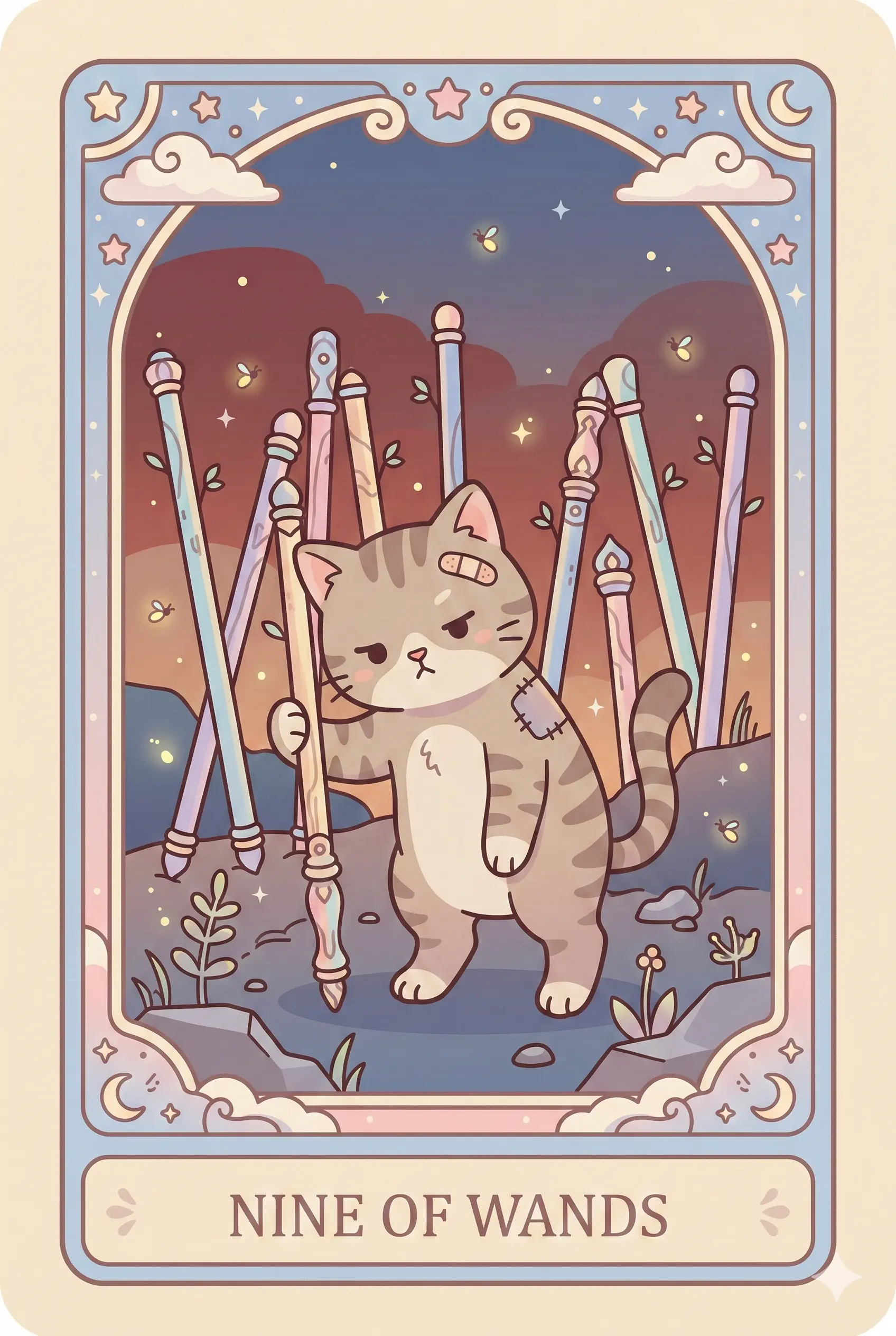 A weary but determined tabby cat with a bandage on its head, leaning on a staff, guarding a fence made of eight wands at twilight.