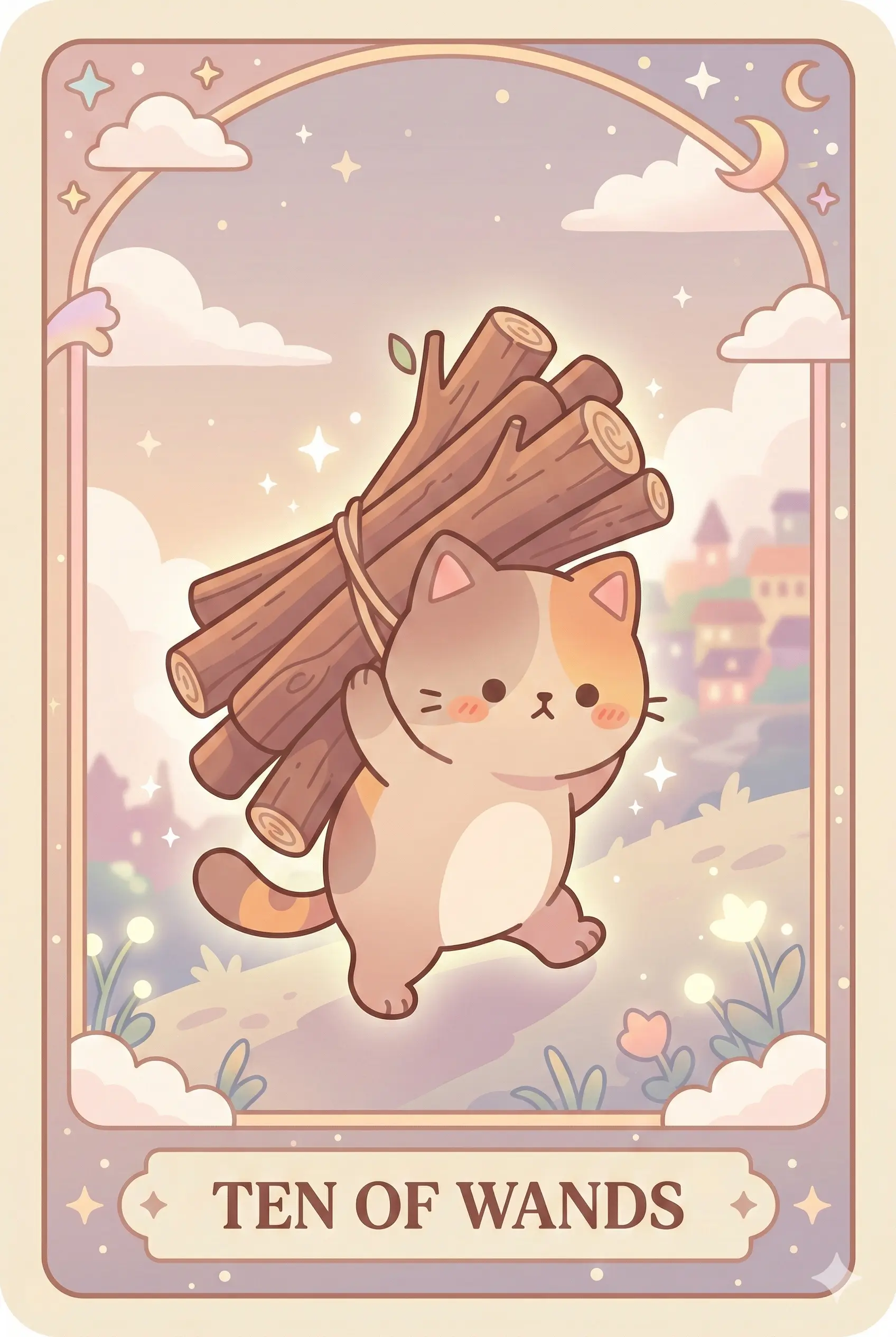 A determined cat carrying a huge bundle of ten heavy logs on its back, walking uphill towards a distant village, looking exhausted but focused.