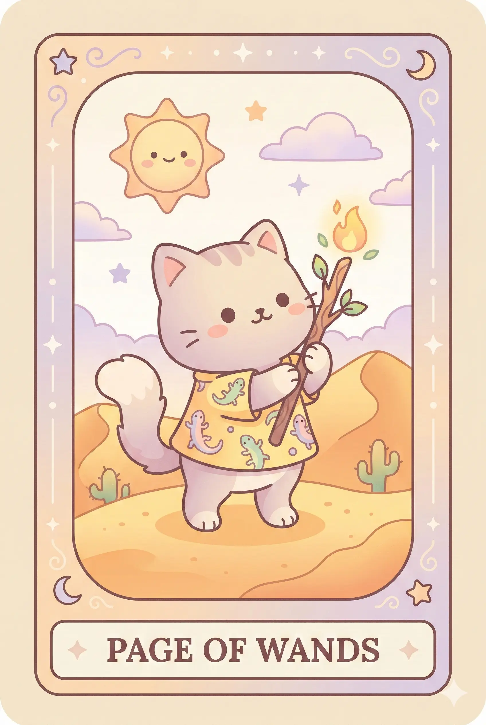 A curious young kitten standing on hind legs, looking intently at a sprouting wand, wearing a small yellow tunic with salamander patterns, in a desert landscape.