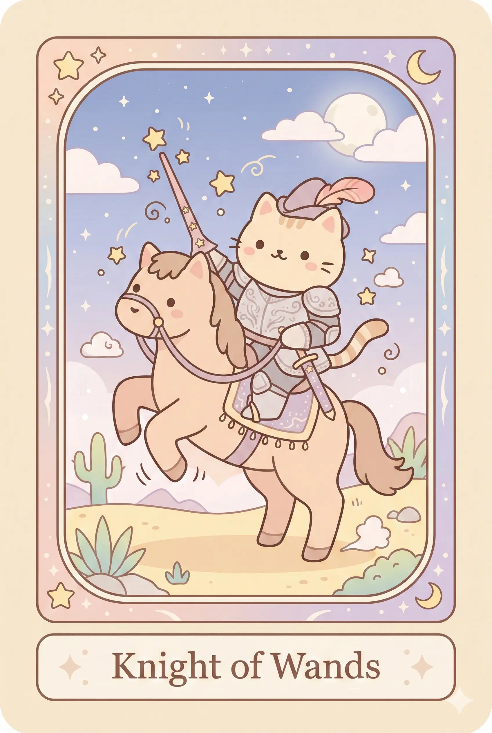 A dashing cat wearing armor and a feathered cap, riding a rearing horse in a desert, holding a wand like a lance.