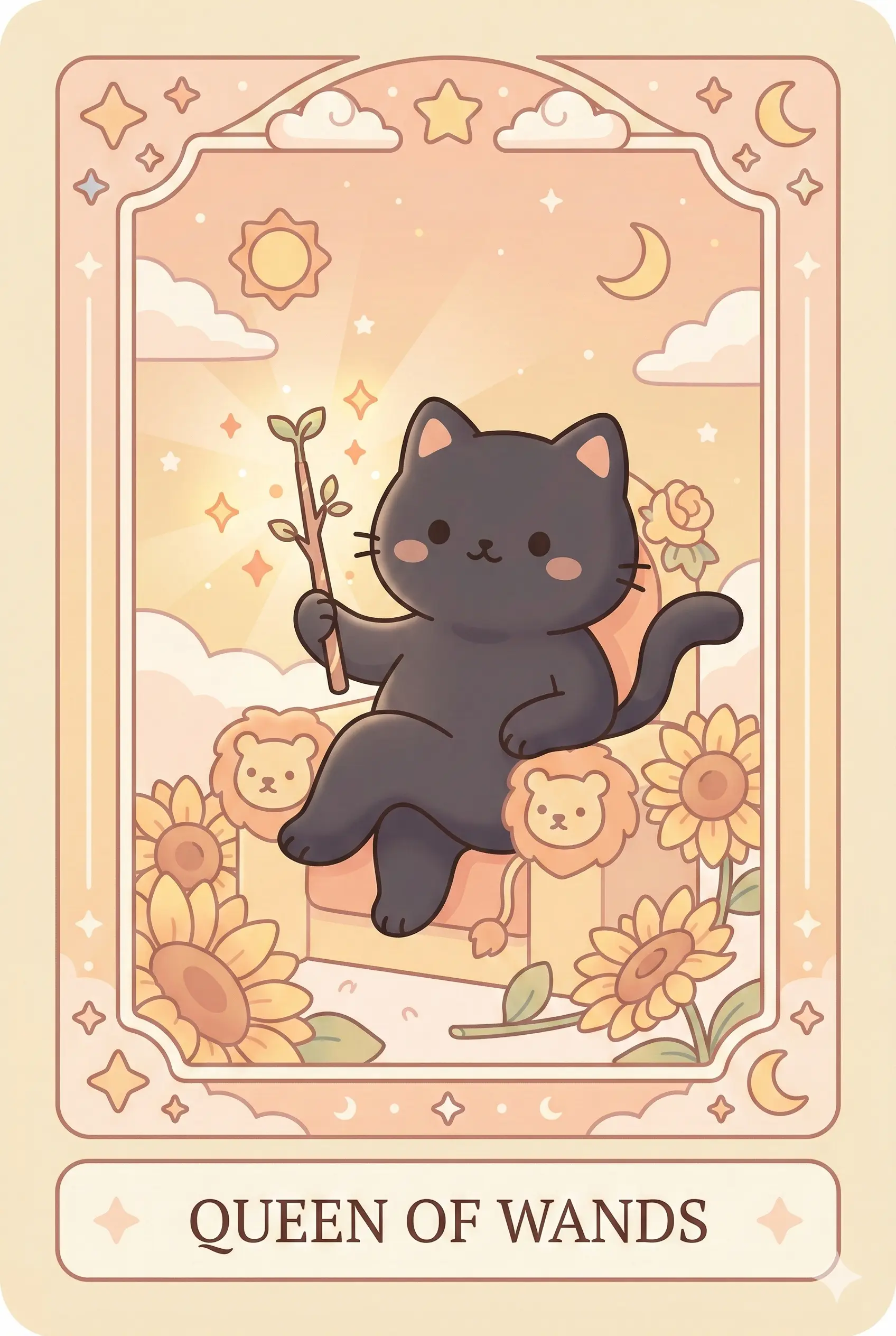 A charismatic black cat sitting elegantly on a throne decorated with lions and sunflowers, holding a wand with a fresh sprout, radiating warmth.