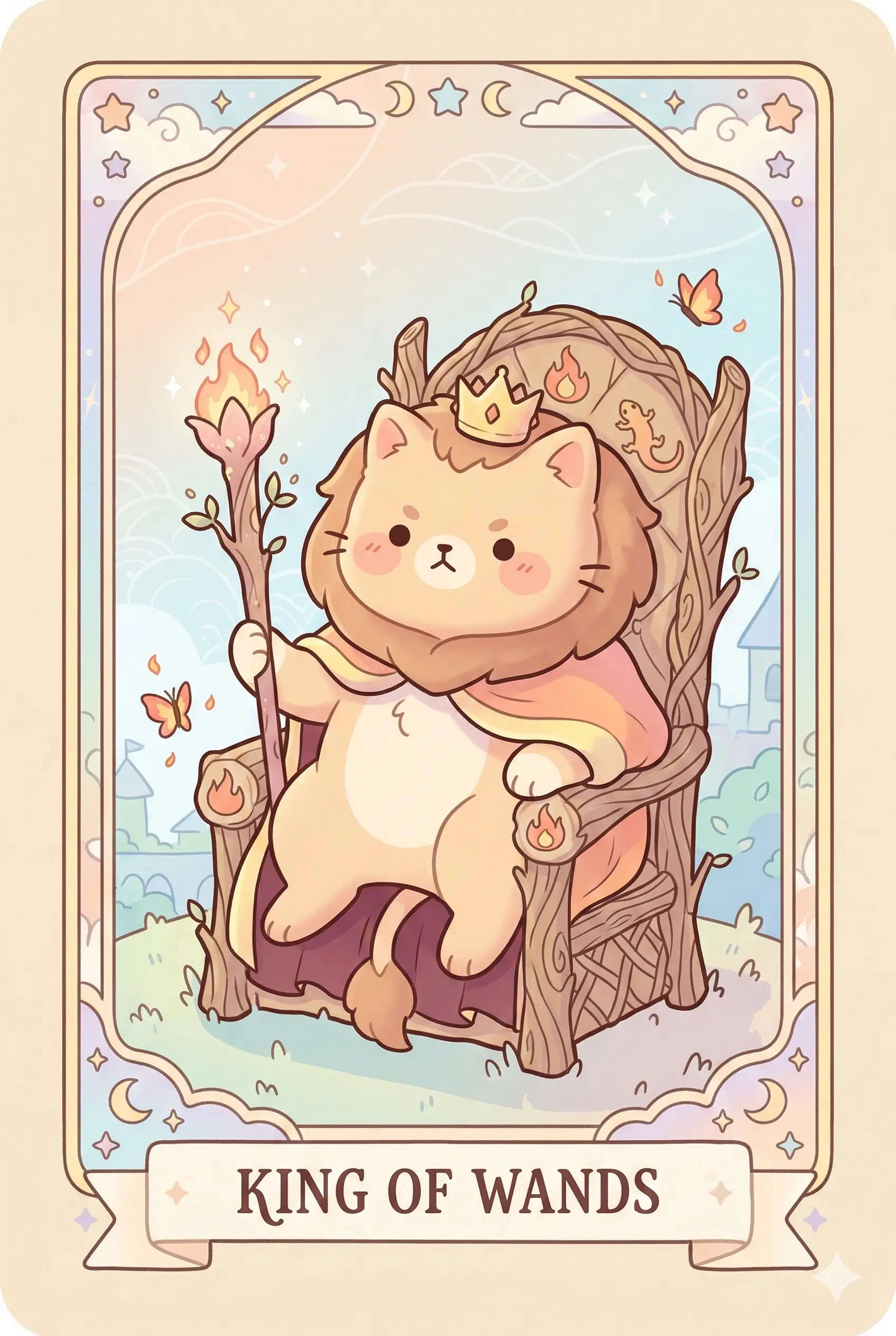 A majestic lion-like cat sitting on a throne adorned with salamanders, holding a flowering wand, looking towards the future with confidence.