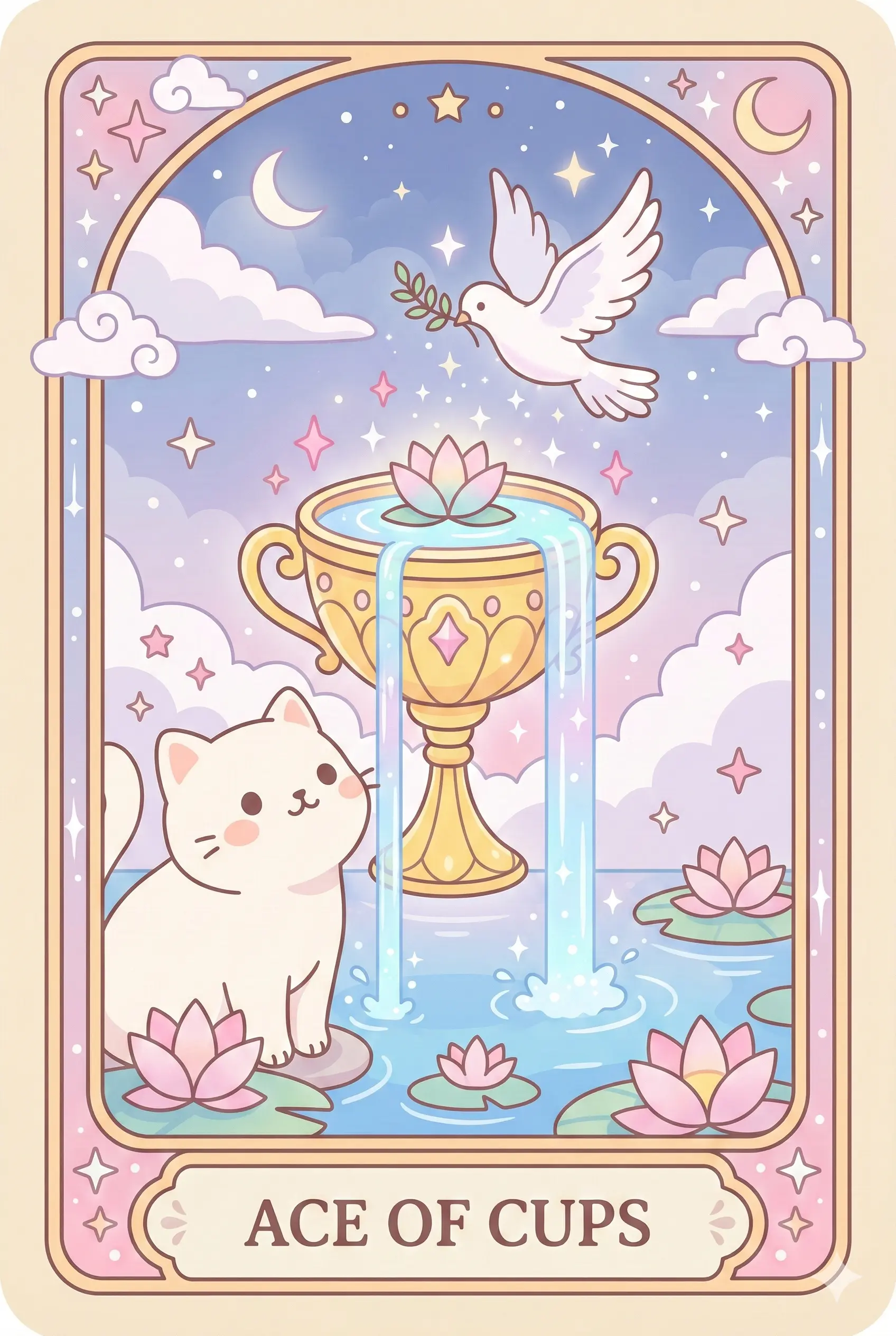 A white cat gazes up at a giant golden chalice filled with glowing water, hovering above a lotus pond, with a white dove descending from above under a serene sky.