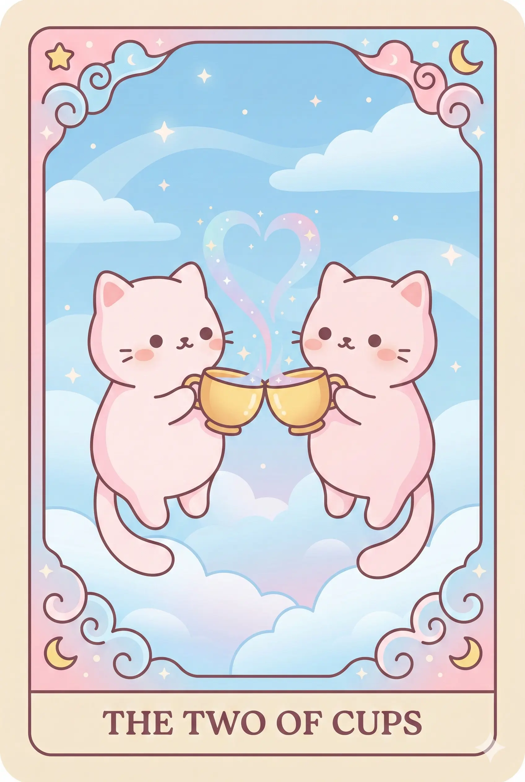 Two affectionate cats touching noses, their tails forming a heart shape, holding two golden cups with intertwined steam rising up.