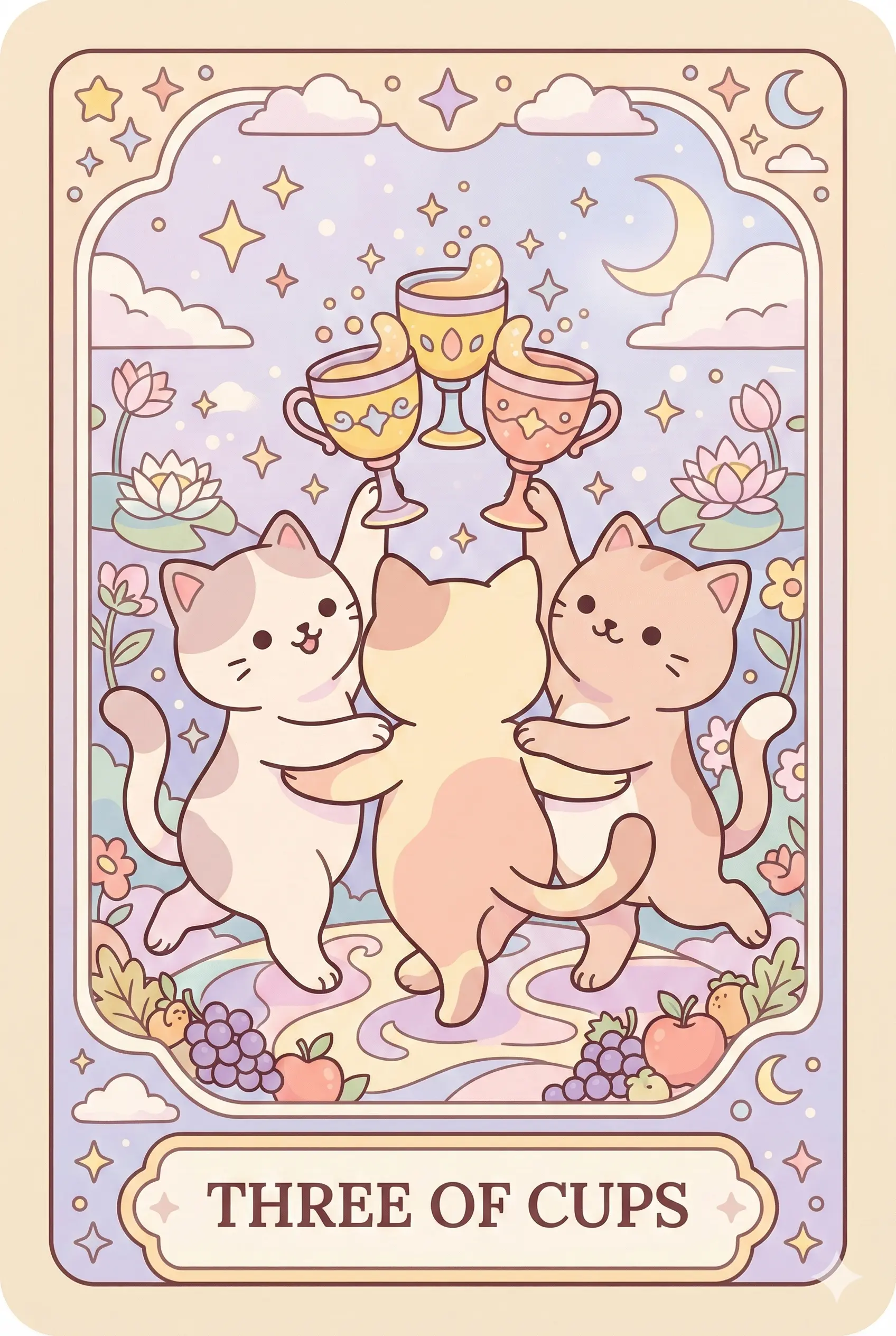 Three happy cats dancing in a circle with raised cups, surrounded by harvest fruits and flowers, celebrating together.