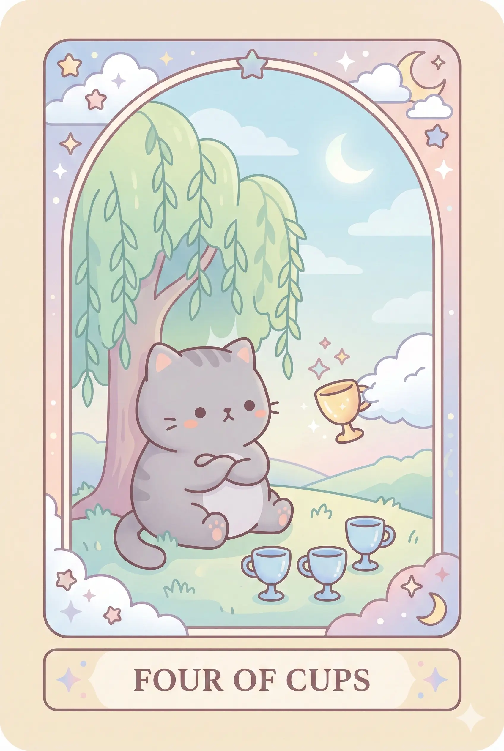 A bored cat sitting under a tree with crossed arms (paws), ignoring three cups on the ground and a fourth cup being offered by a cloud hand.