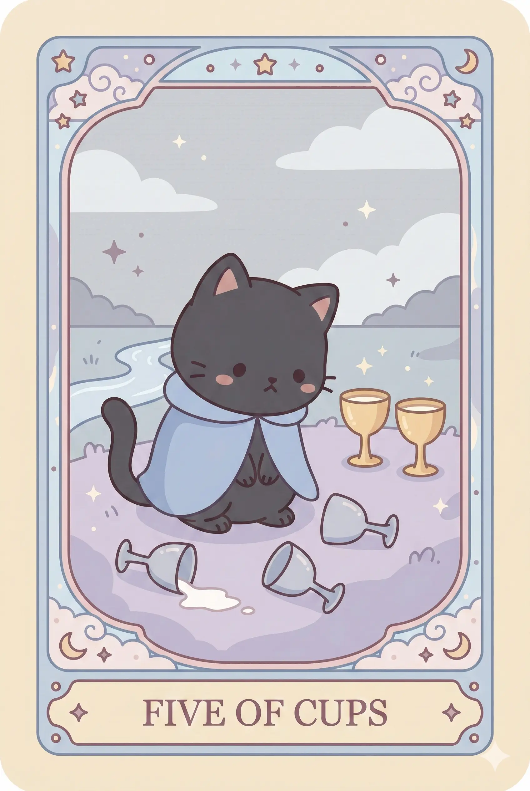 A cloaked black cat looking down sadly at three spilled cups of milk, while two full cups stand upright behind it, unnoticed.