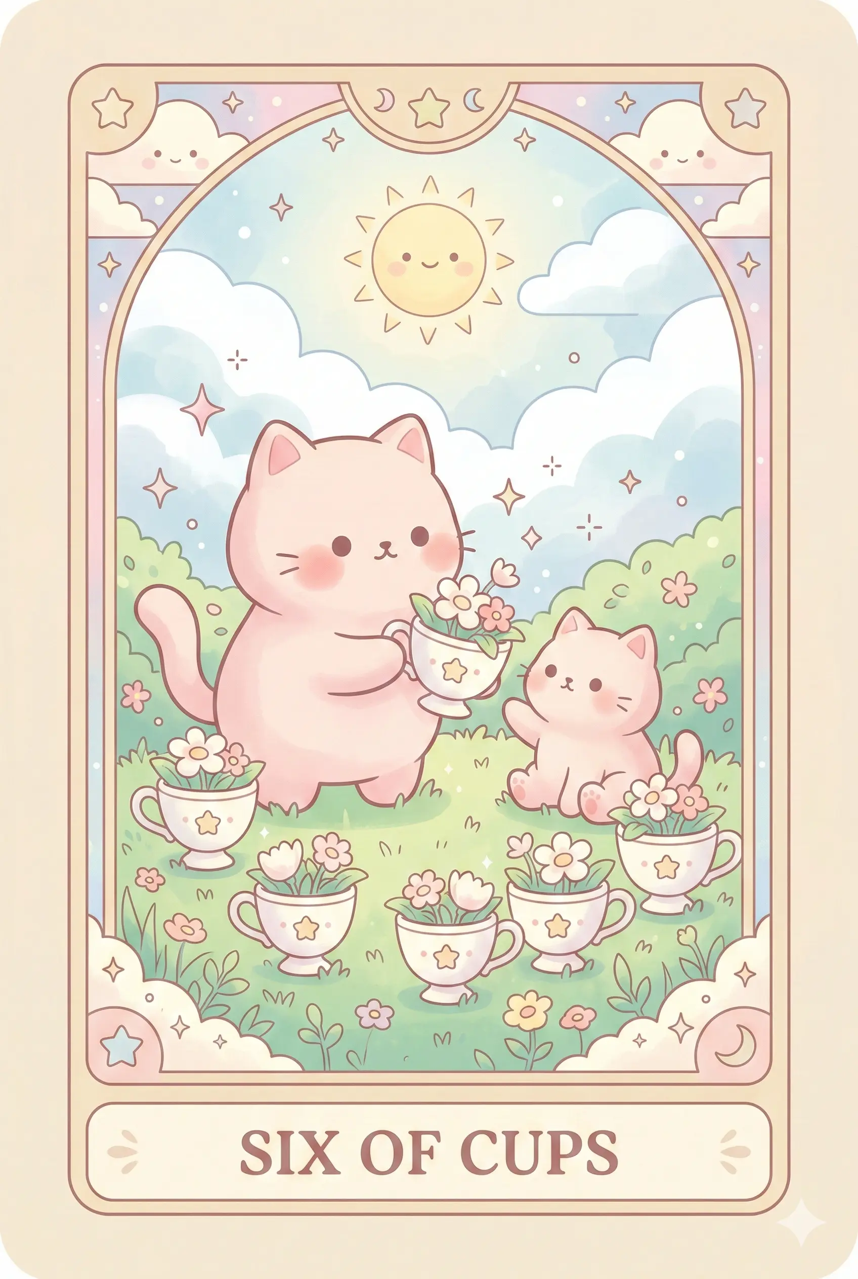 Two kittens, one slightly larger, sharing a flower in a garden full of blooming white cups (flowers), evoking innocence and sharing.