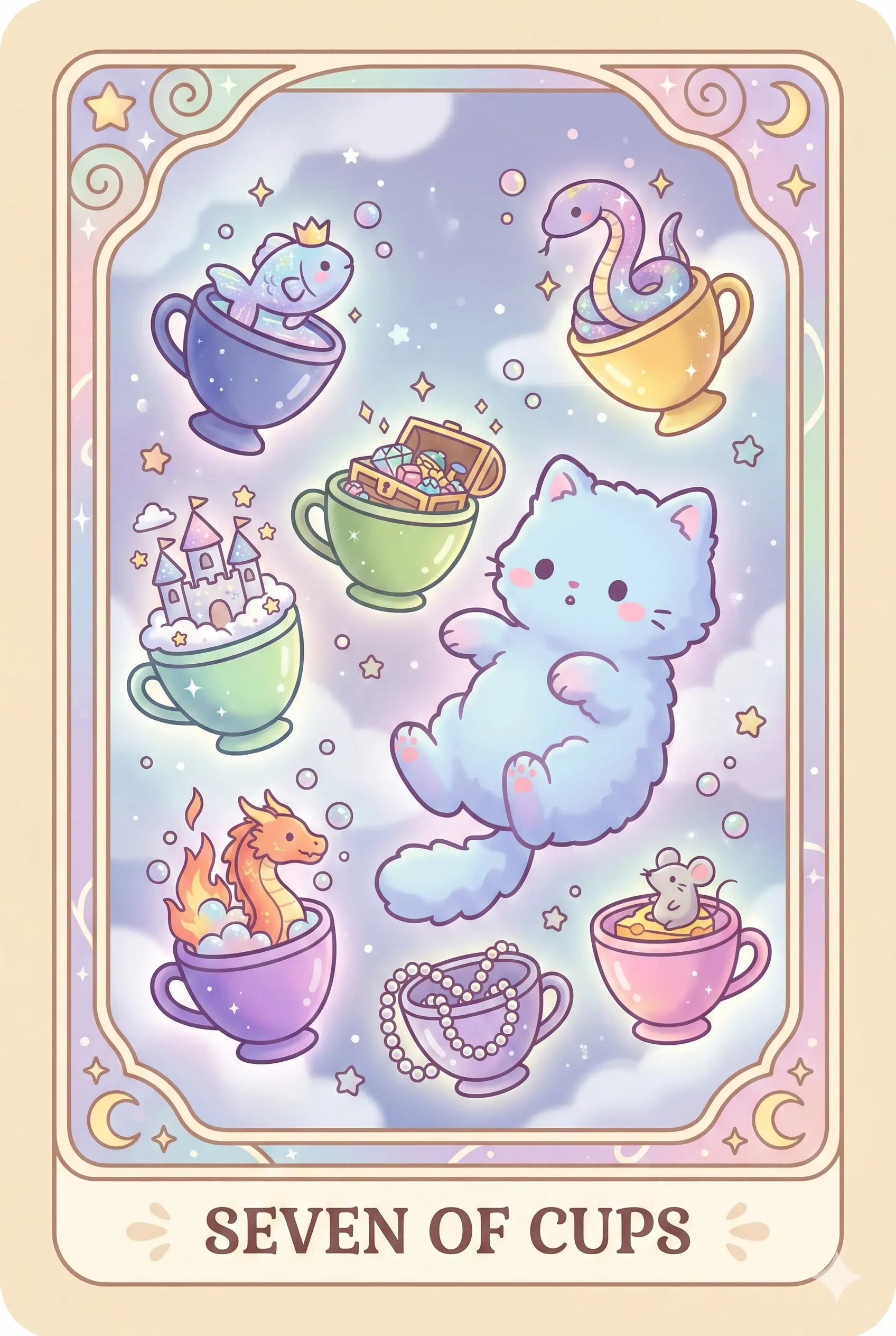 A mesmerized cat staring at seven floating cups in the clouds, each containing a different item like a fish, a mouse, a ball, a snake, a castle, jewels, and a dragon.