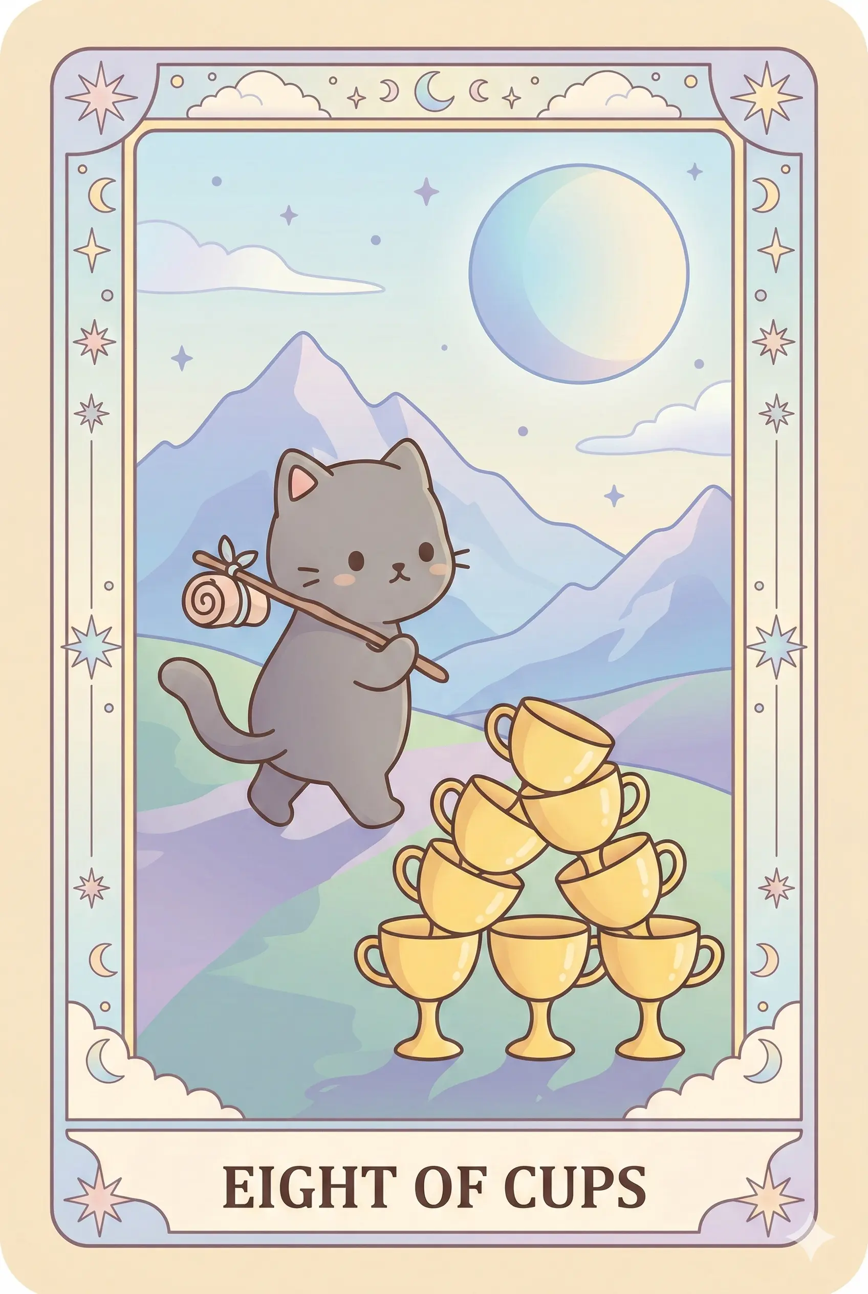 Eight golden cups stacked in two tiers — five cups in a straight bottom row with three cups centered on top — stand in the foreground while a grey cat walks away toward distant mountains under a full moon.