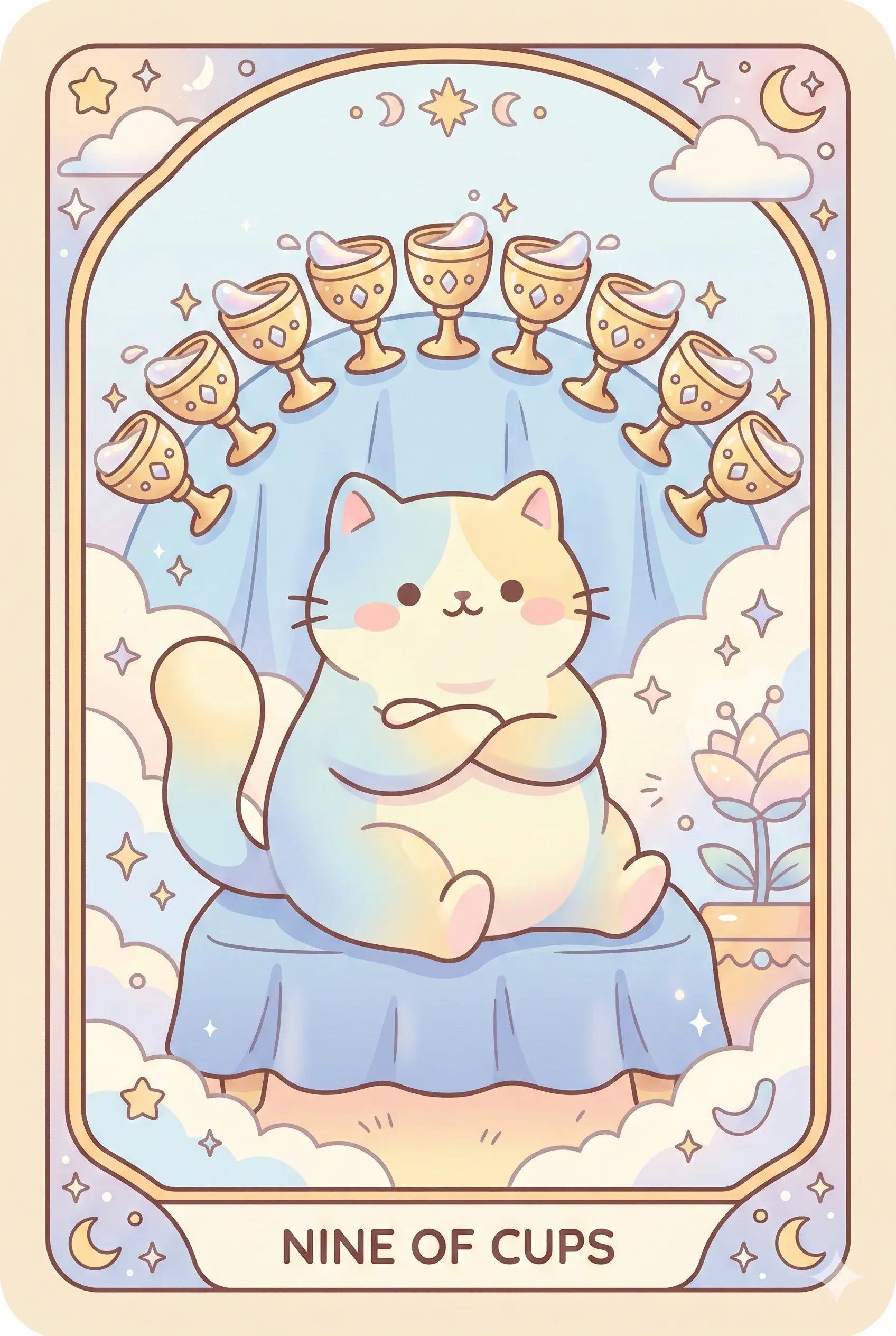 A smug, well-fed cat sitting on a cushioned bench with arms crossed, nine golden cups arranged in an arc behind it on a blue drape.