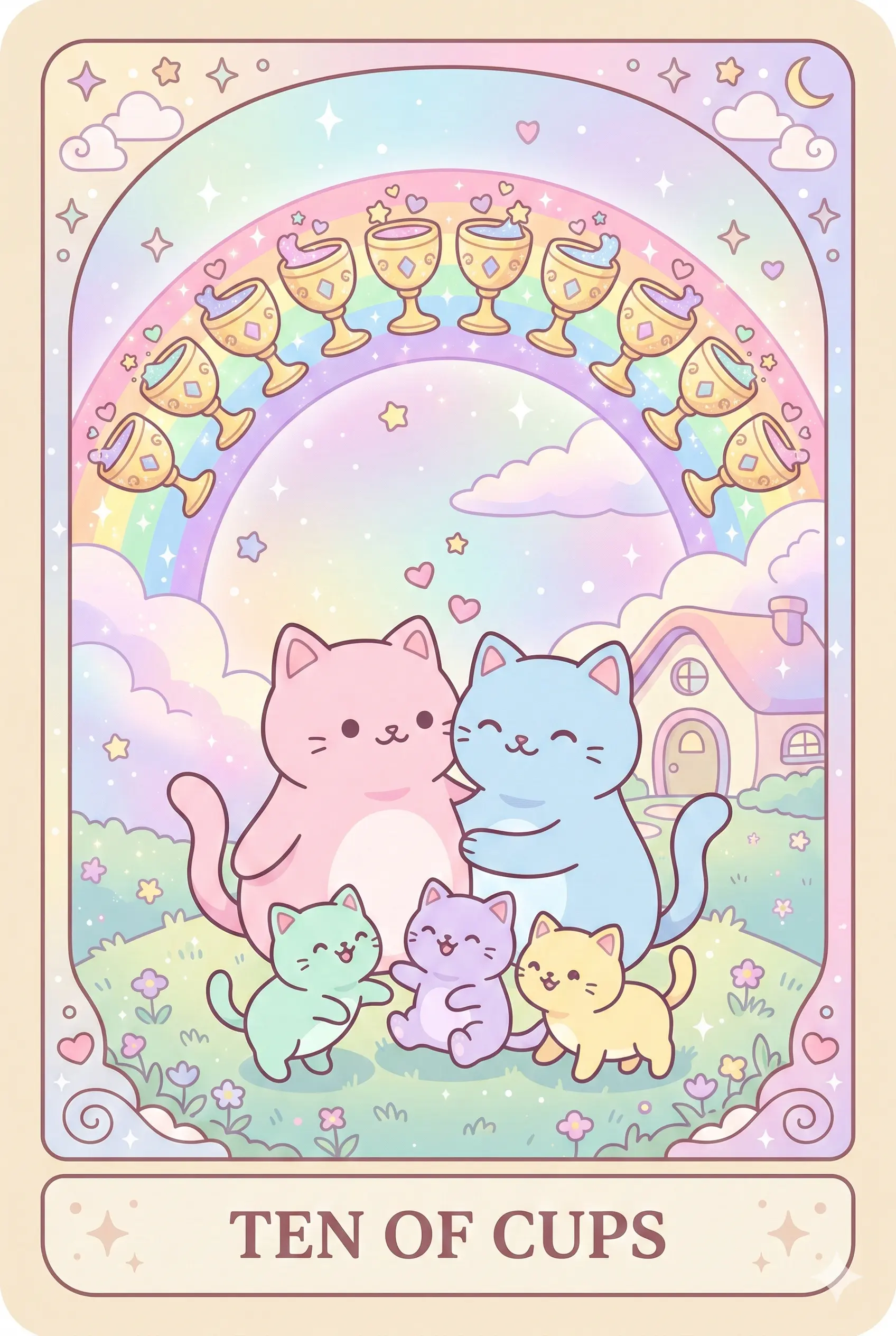 A happy cat family (two parents and kittens) watching a beautiful rainbow made of ten golden cups arching over their home.