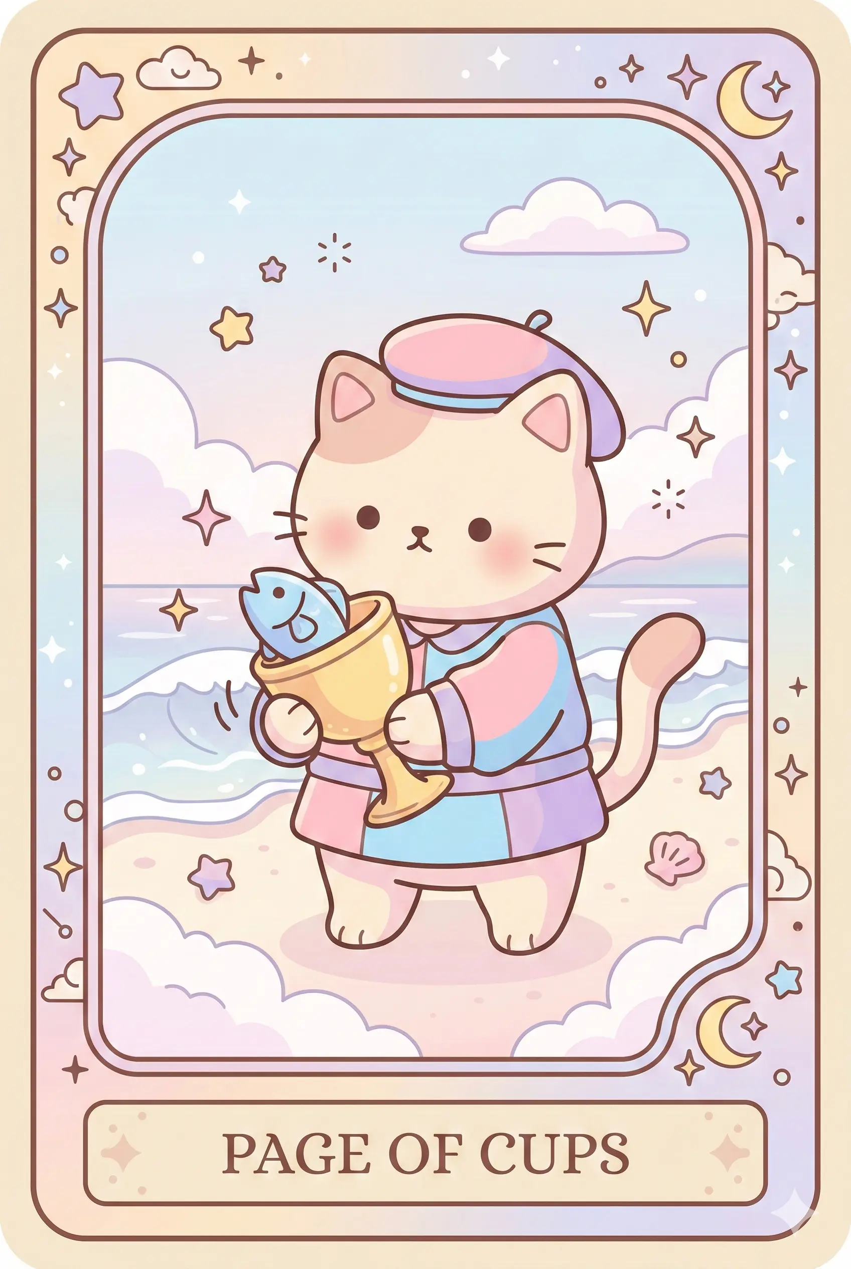 A whimsical young cat wearing a beret and a colorful tunic, holding a golden cup with a small blue fish popping its head out to say hello, beach background.