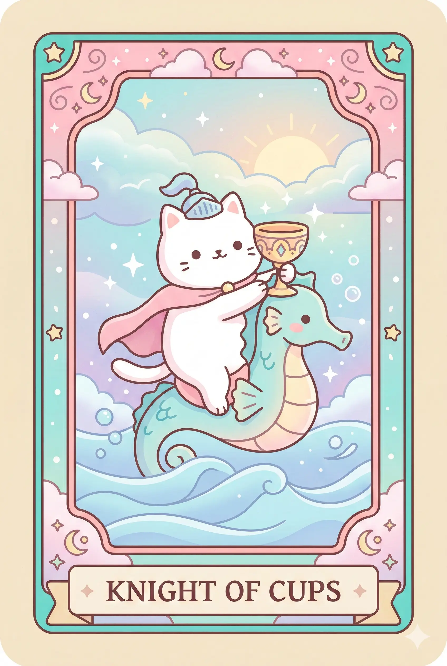 A dashing white cat riding a seahorse through gentle waves, holding a golden chalice forward as if making a toast. The mood is dreamy and soft.