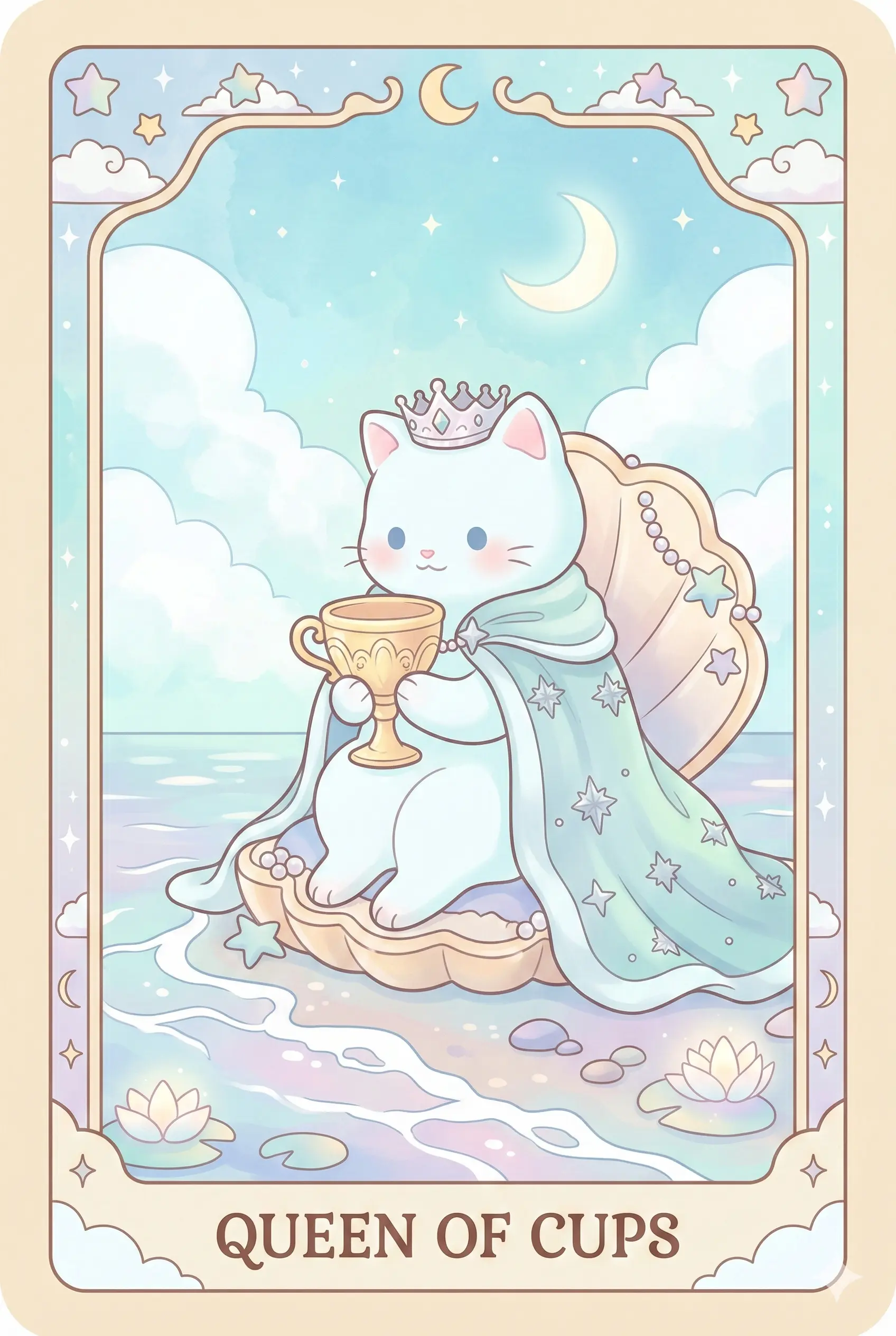 A serene white cat with blue eyes sitting on a throne by the sea, gazing lovingly at an ornate golden cup held in its paws.