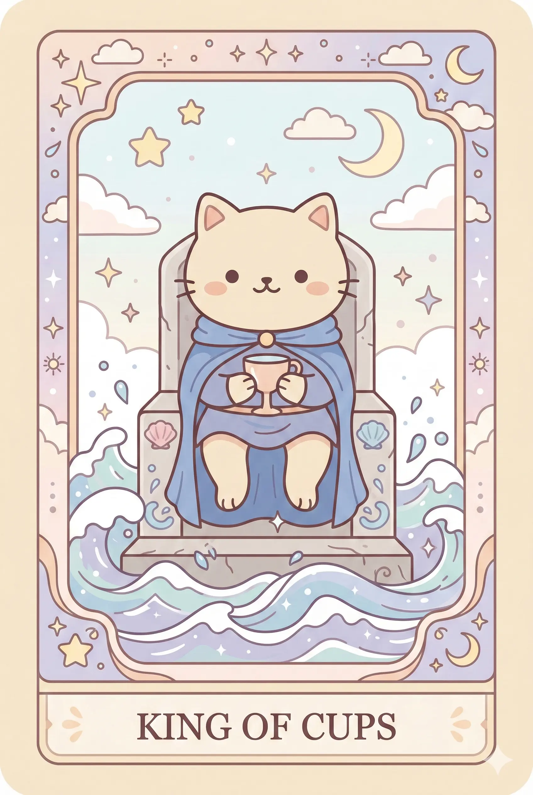 A wise, calm cat sitting on a stone throne in the middle of a turbulent ocean, holding a cup without spilling a drop, wearing a blue cape.
