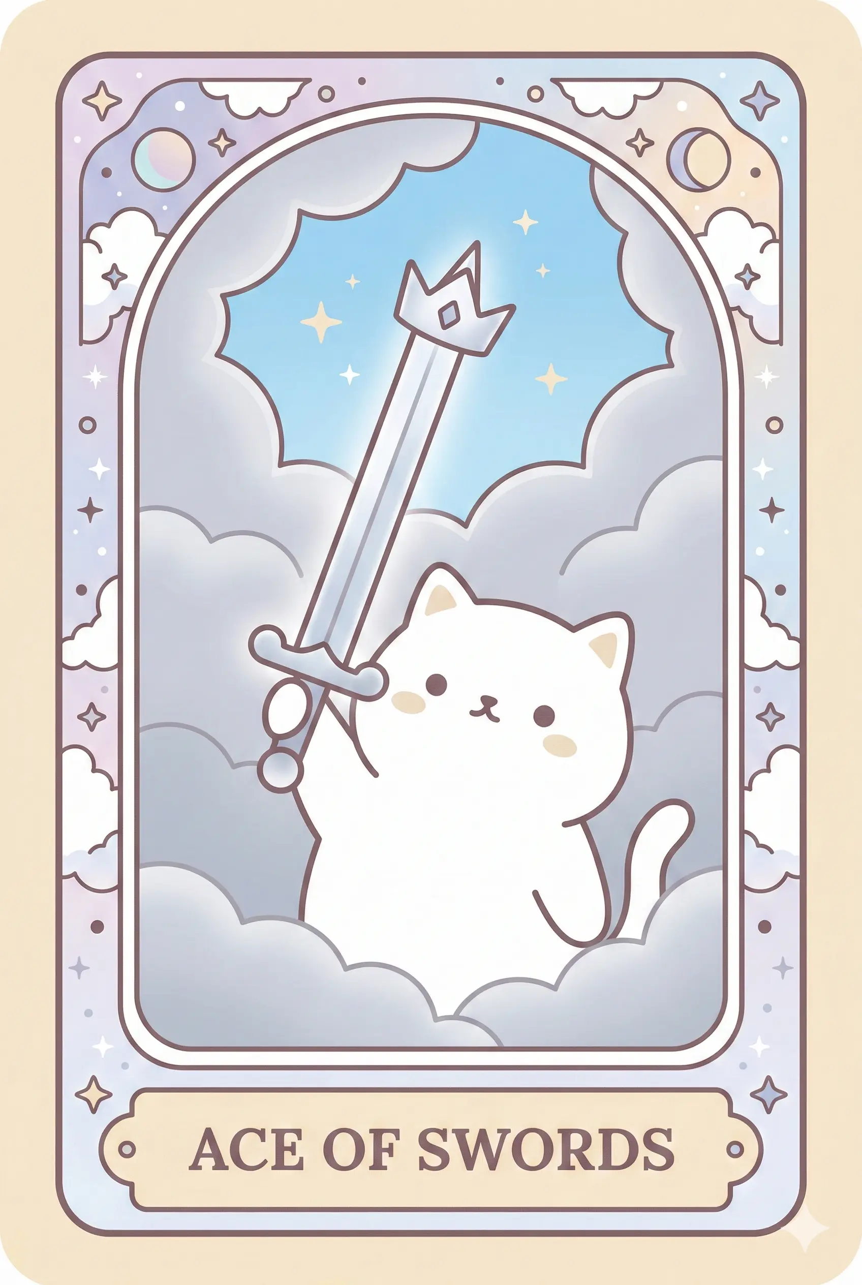 A determined white cat holding a glowing silver sword upright, piercing through a crown and breaking grey clouds to reveal the blue sky.